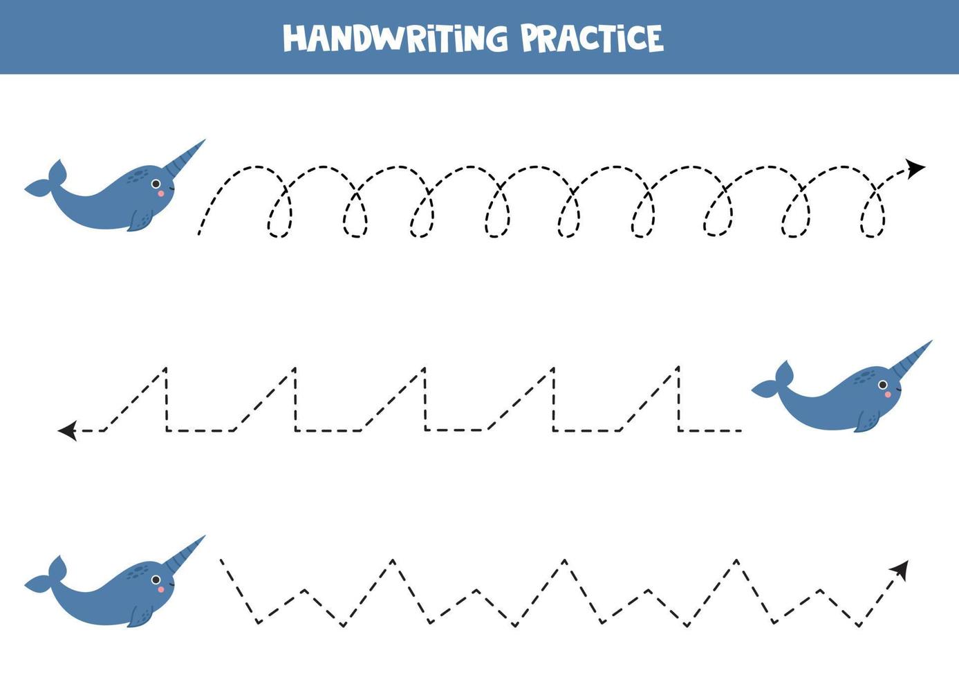 Tracing lines for kids. Cartoon cute narwhal. vector