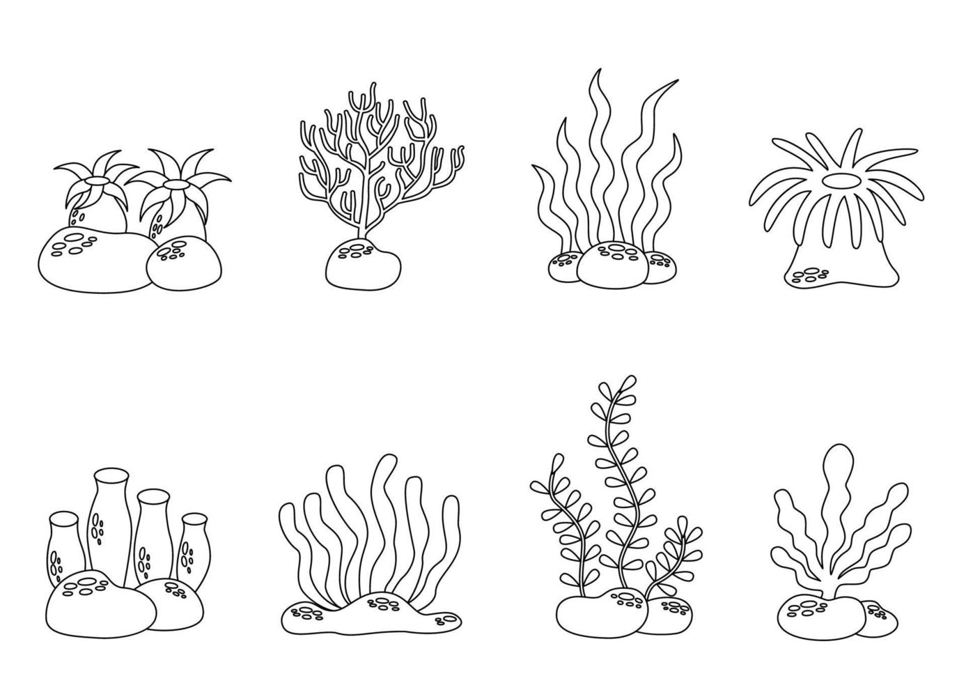 Set of cartoon black and white sea weeds and sea anemones. vector