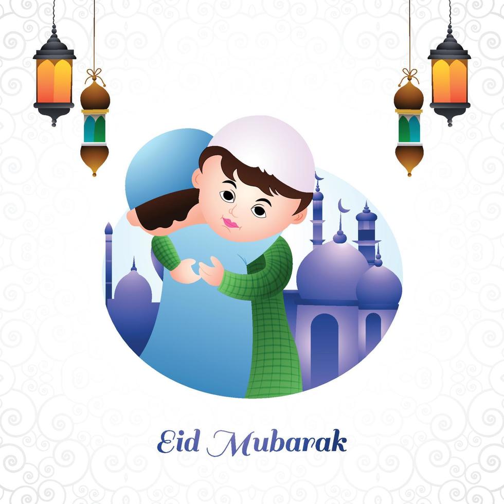 Muslim kids people hugging and wishing eid mubarak celebration background vector