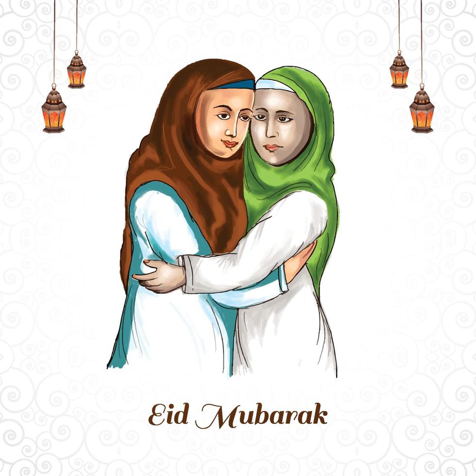 Muslim womens people hugging and wishing eid mubarak celebration background vector