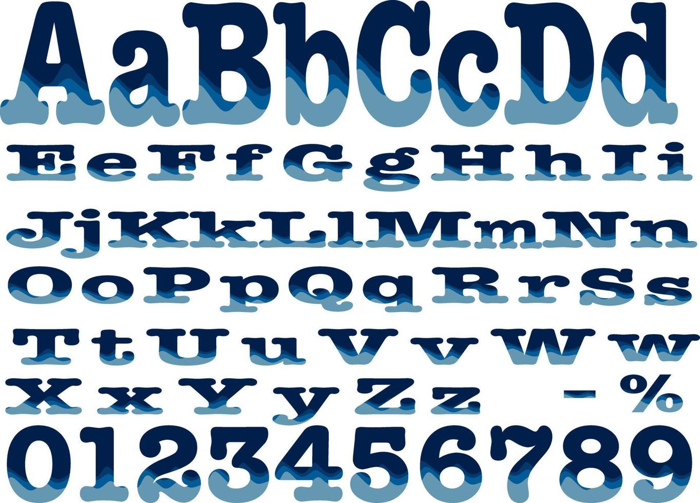 ABC blue alphabet font vector sea water wave set. 0-9 and minus percentage symbol vector illustration.