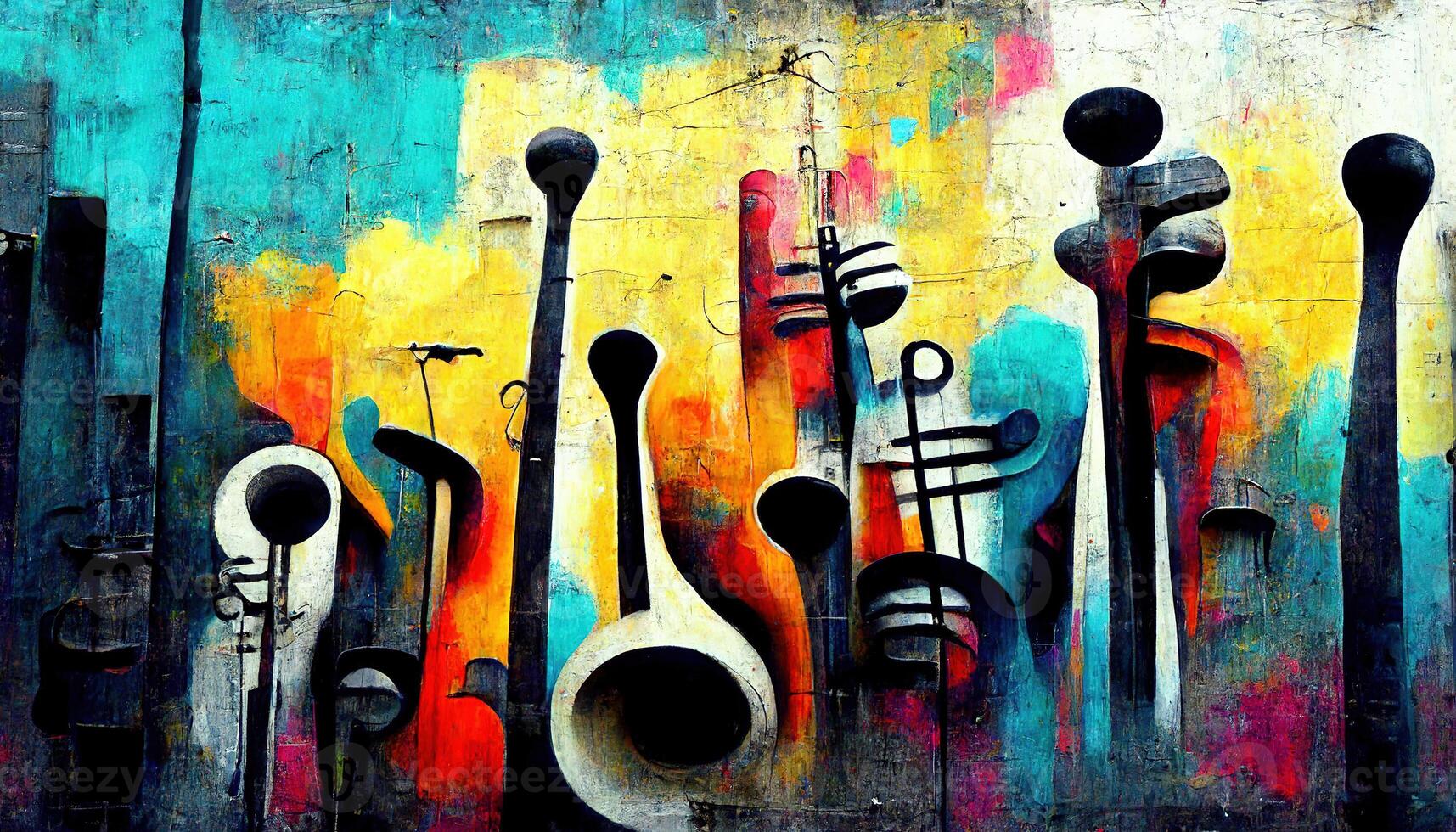 , Street art with keys and musical instruments silhouettes. Ink colorful graffiti art on a textured paper vintage background, inspired by Banksy photo