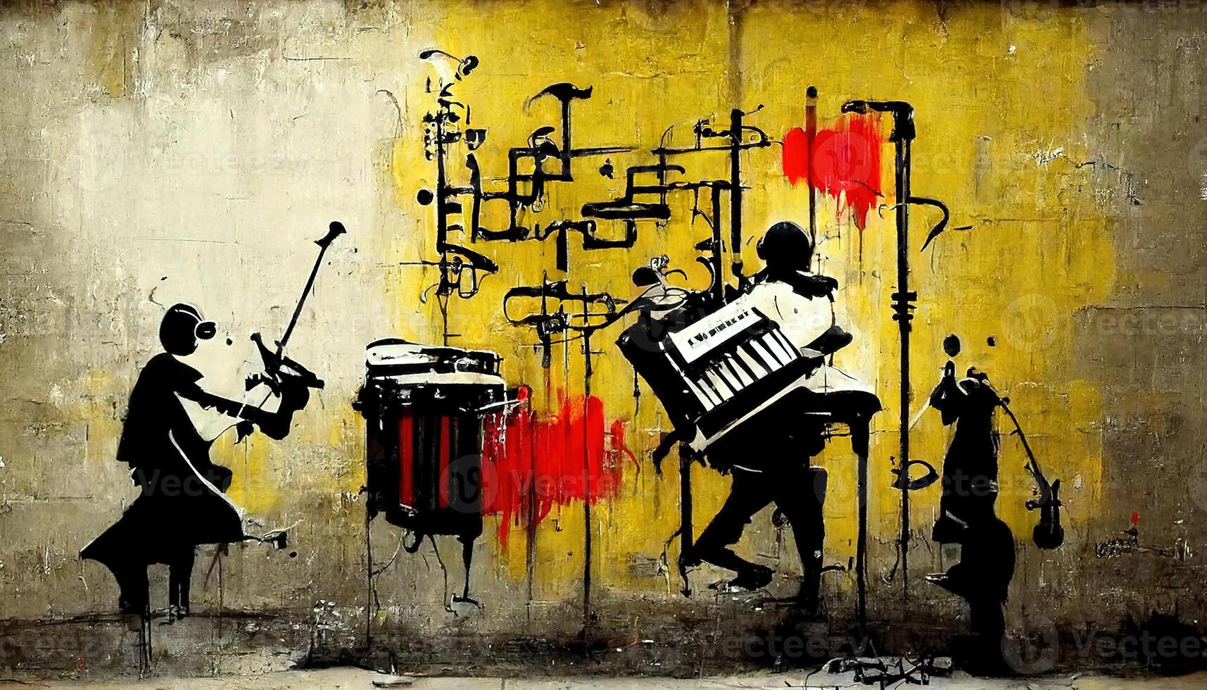 generativo ai, calle Arte con llaves y musical instrumentos siluetas tinta pintada Arte en un texturizado papel Clásico fondo, inspirado por bancos foto