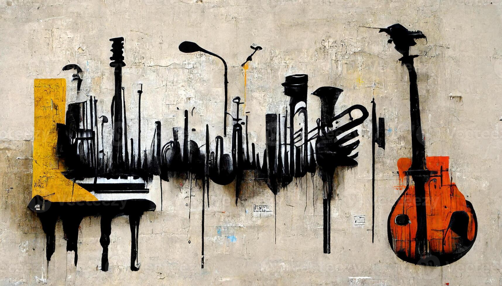 , Street art with keys and musical instruments silhouettes. Ink graffiti art on a textured paper vintage background, inspired by Banksy photo