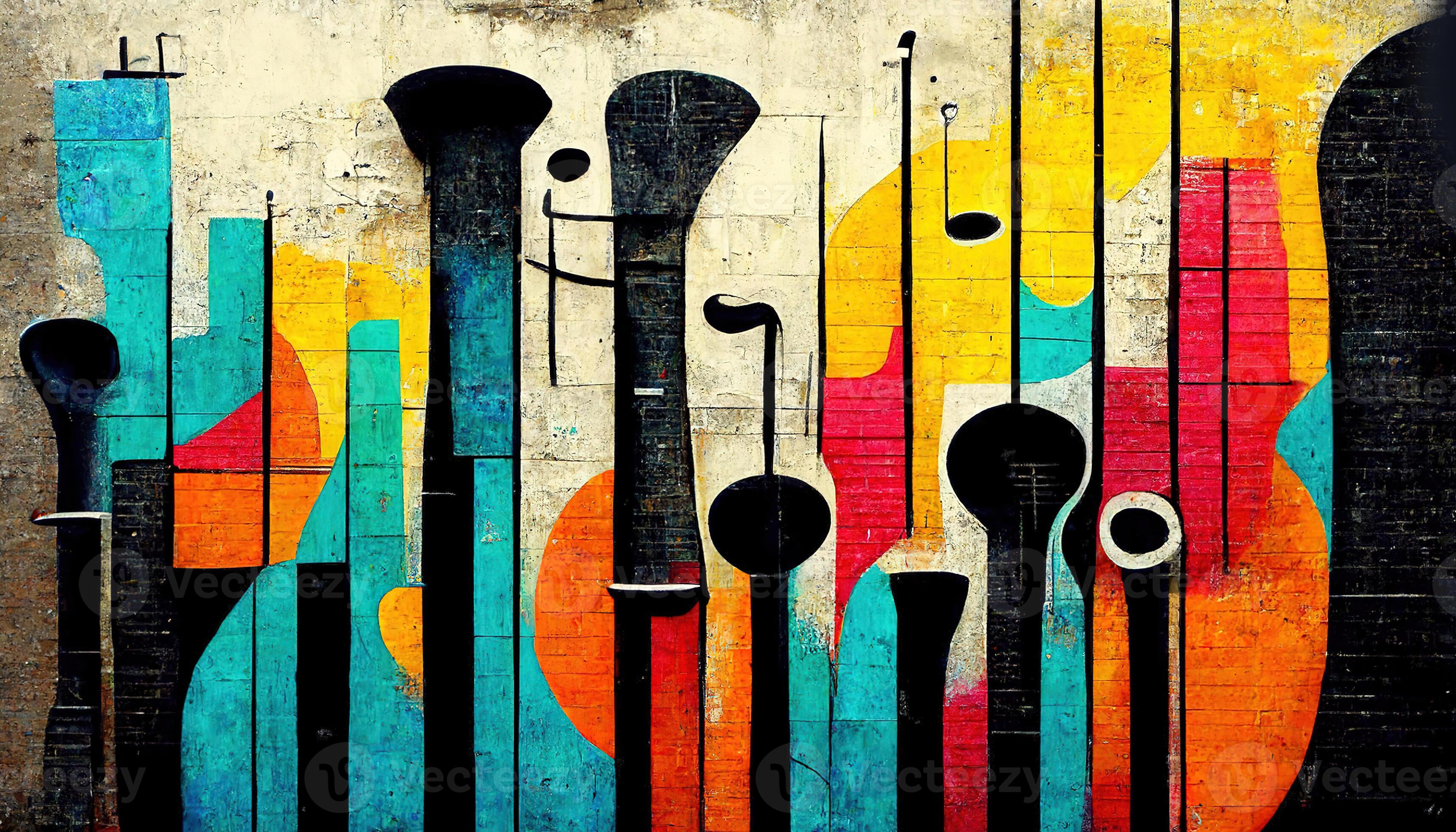 , Street art with keys and musical instruments silhouettes. Ink