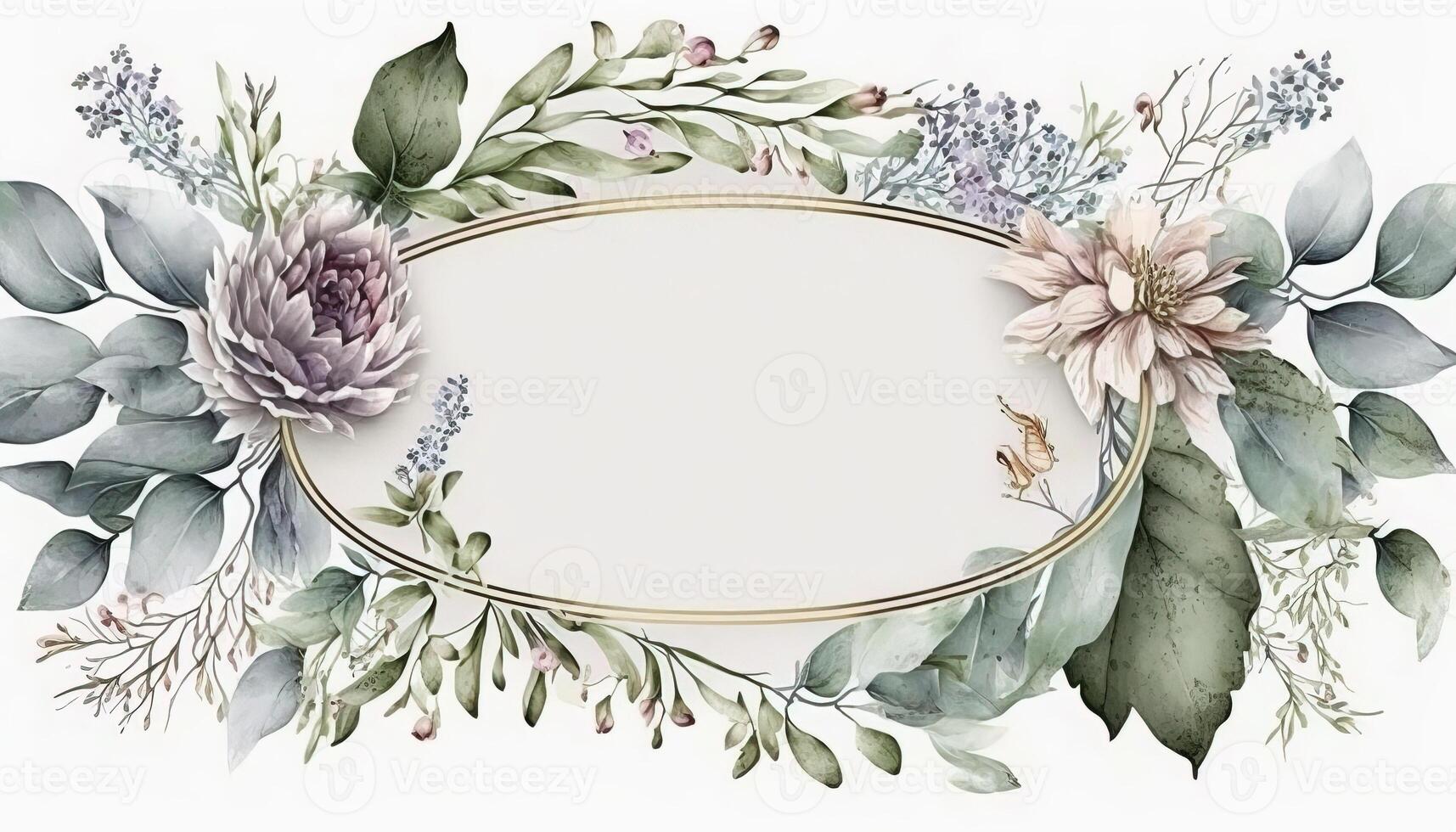 , Watercolor frame with spring flowers, hand drawn art style with place for text. Greeting, birthday and other holiday, wedding invitation concept photo