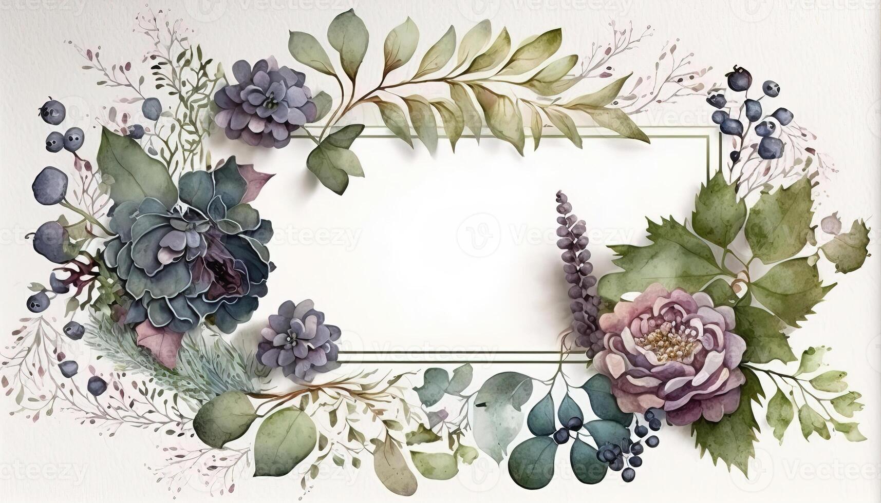 , Watercolor frame with spring flowers, hand drawn art style with place for text. Greeting, birthday and other holiday, wedding invitation concept photo