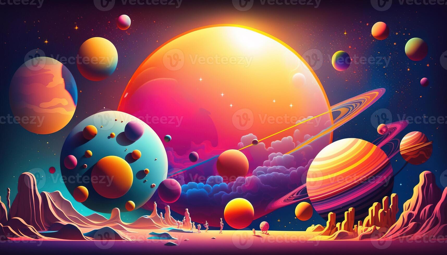 , Alien planet landscape. Psychedelic Space banner template, background. Horizontal illustration of the future with mountains, planets, trees, moon. Surrealist escapism. photo