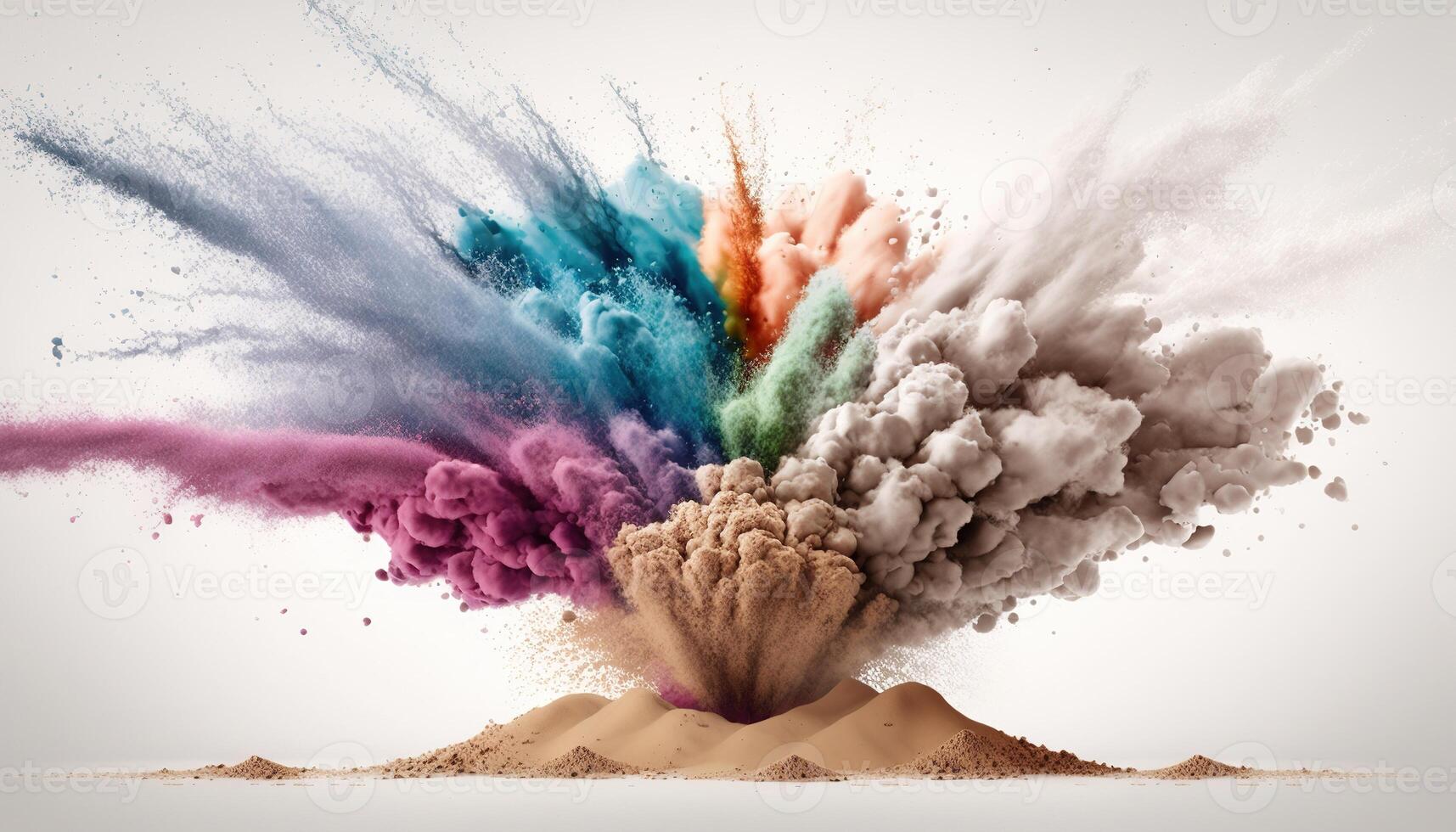 , Flowing isolated colorful sand and powder with splashes. Bright banner, 3D effect, modern macro realistic abstract background illustration, white background. photo