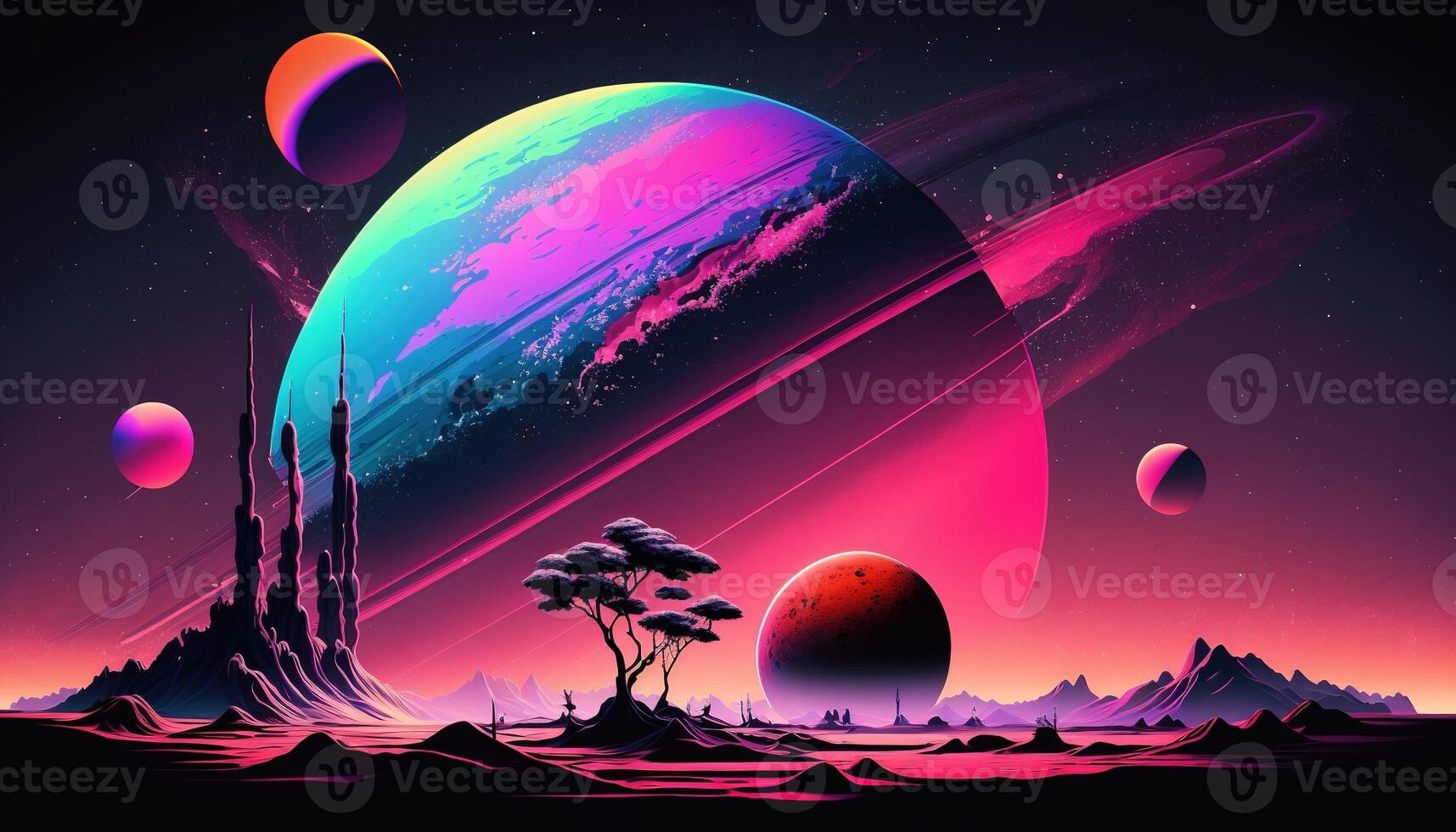 Generative AI, Alien planet landscape. Psychedelic Space banner template,  background. Horizontal illustration of the future with mountains, planets,  trees, moon. Surrealist escapism. 21960864 Stock Photo at Vecteezy