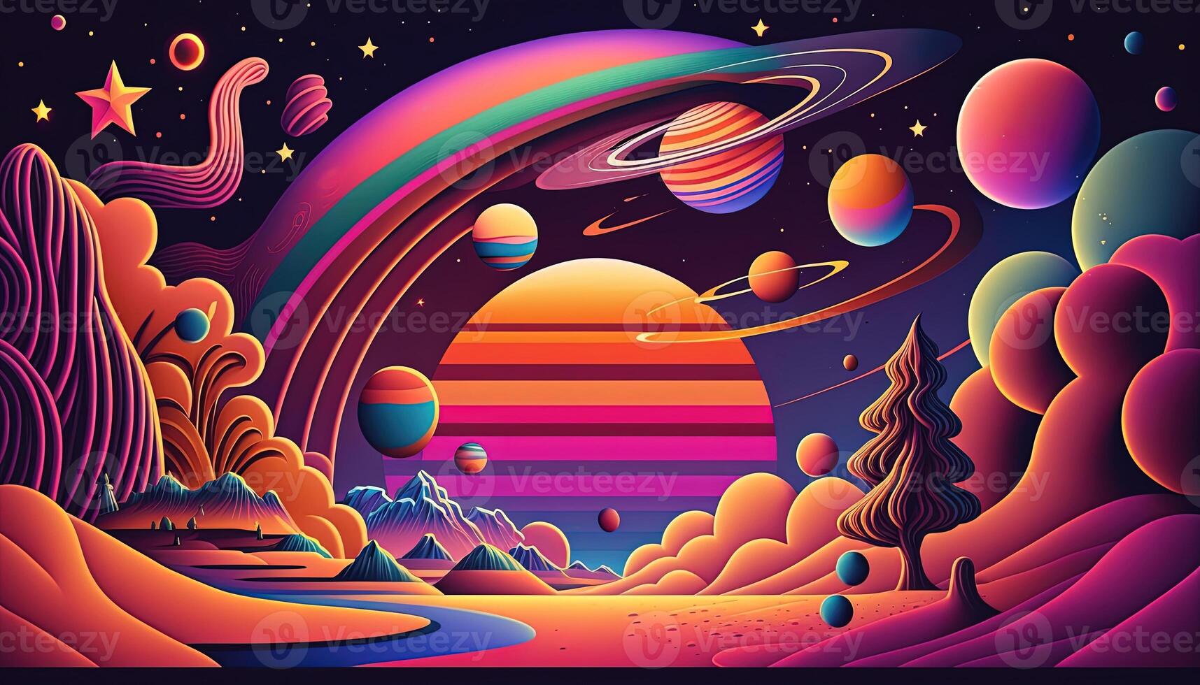 , Psychedelic Space banner template, nostalgic 80s, 90s background. Horizontal illustration of the future landscape with mountains, planets, trees, moon. Surrealist escapism concept. photo