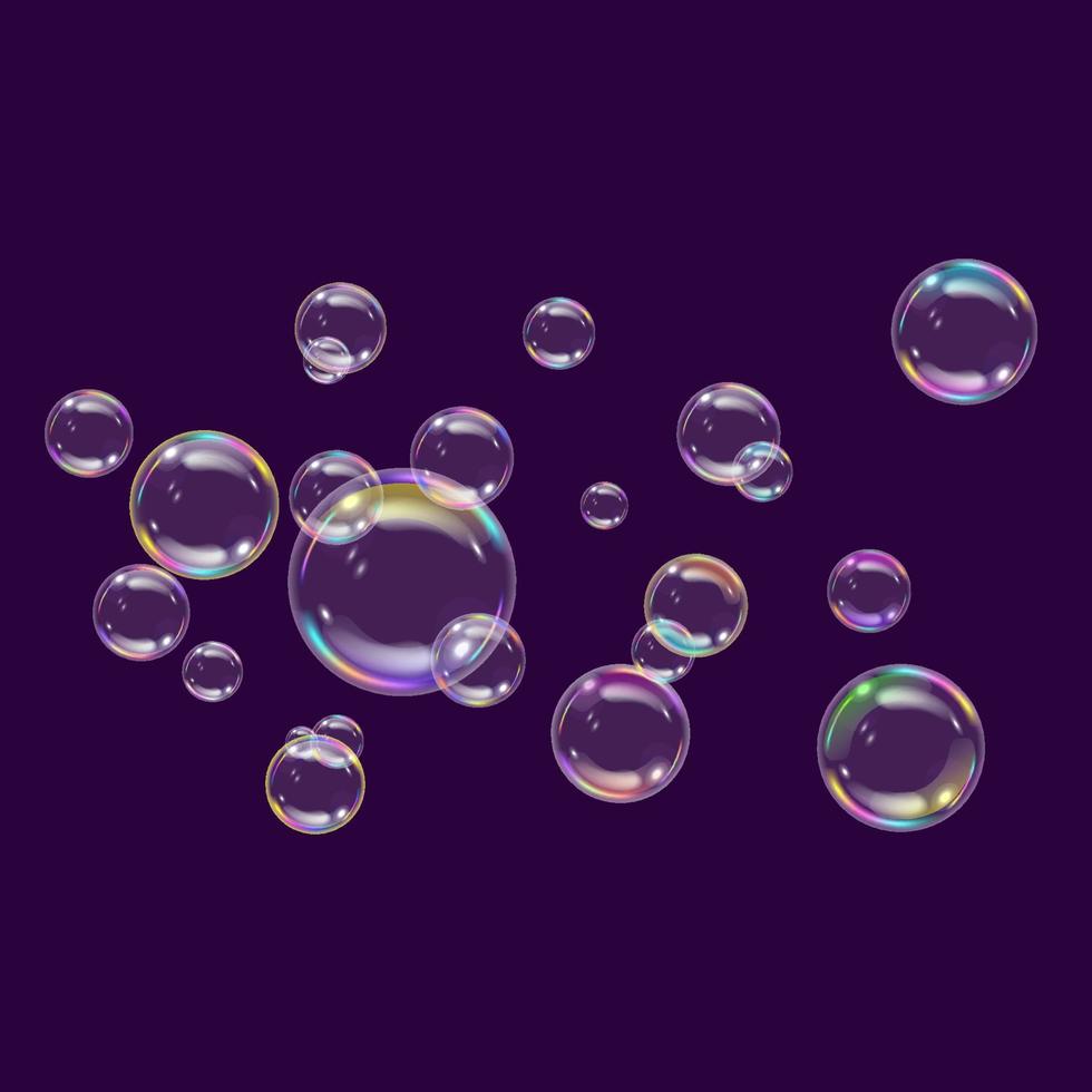 Soap bubble set with colorful reflection. Vector design.