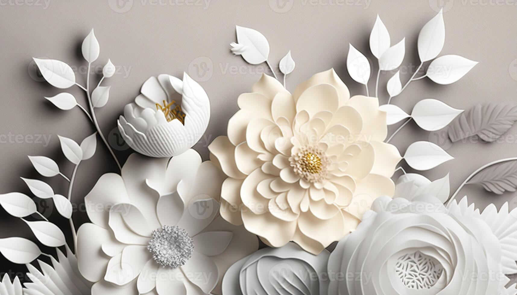 , Paper cut craft flowers and leaves, white color, floral origami textured background, spring mood. Photorealistic effect. photo