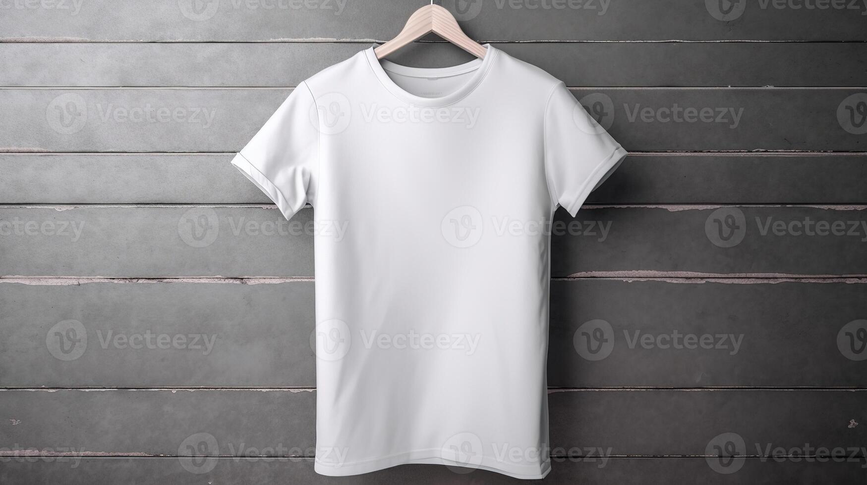 , Realistic white T-Shirt mock up blank on wood background for presentation advertising. Blank business concept photo