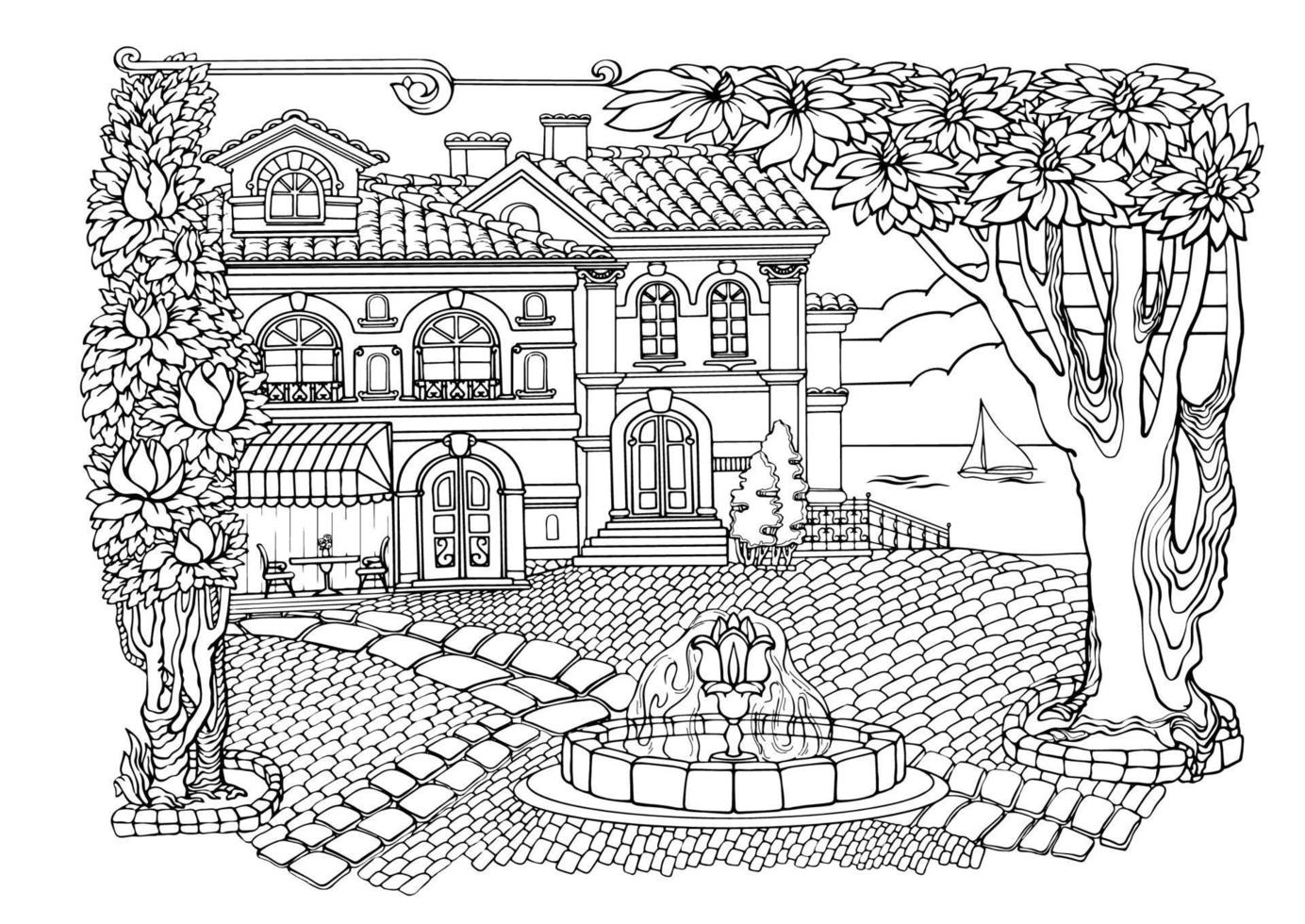 Romantic old town. Coloring Pages. Anti-stress colouring book. Vector. vector