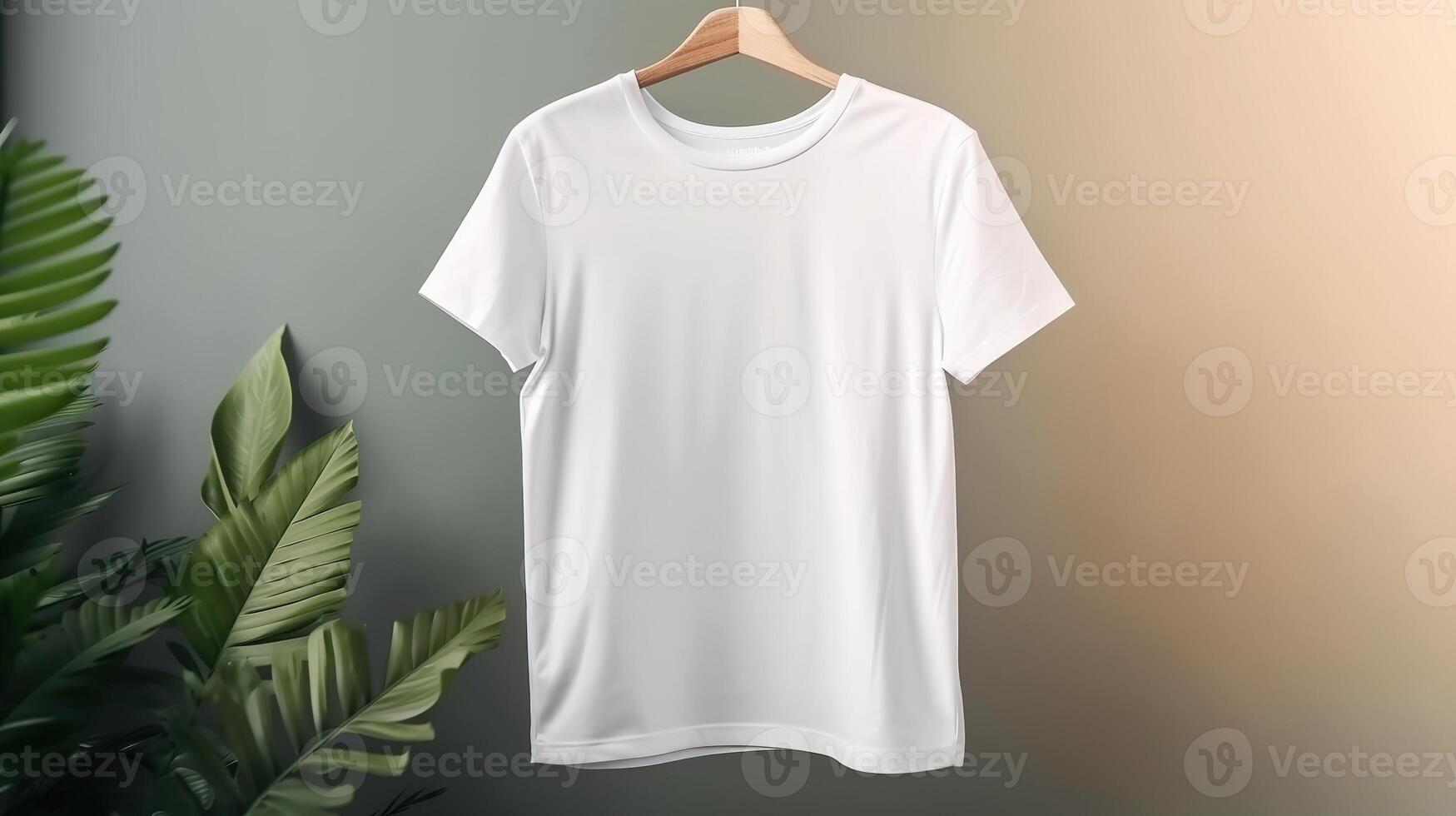 , Realistic white T-Shirt mock up blank on background with plants for presentation advertising. Blank business concept, camping, outdoor and forest photo