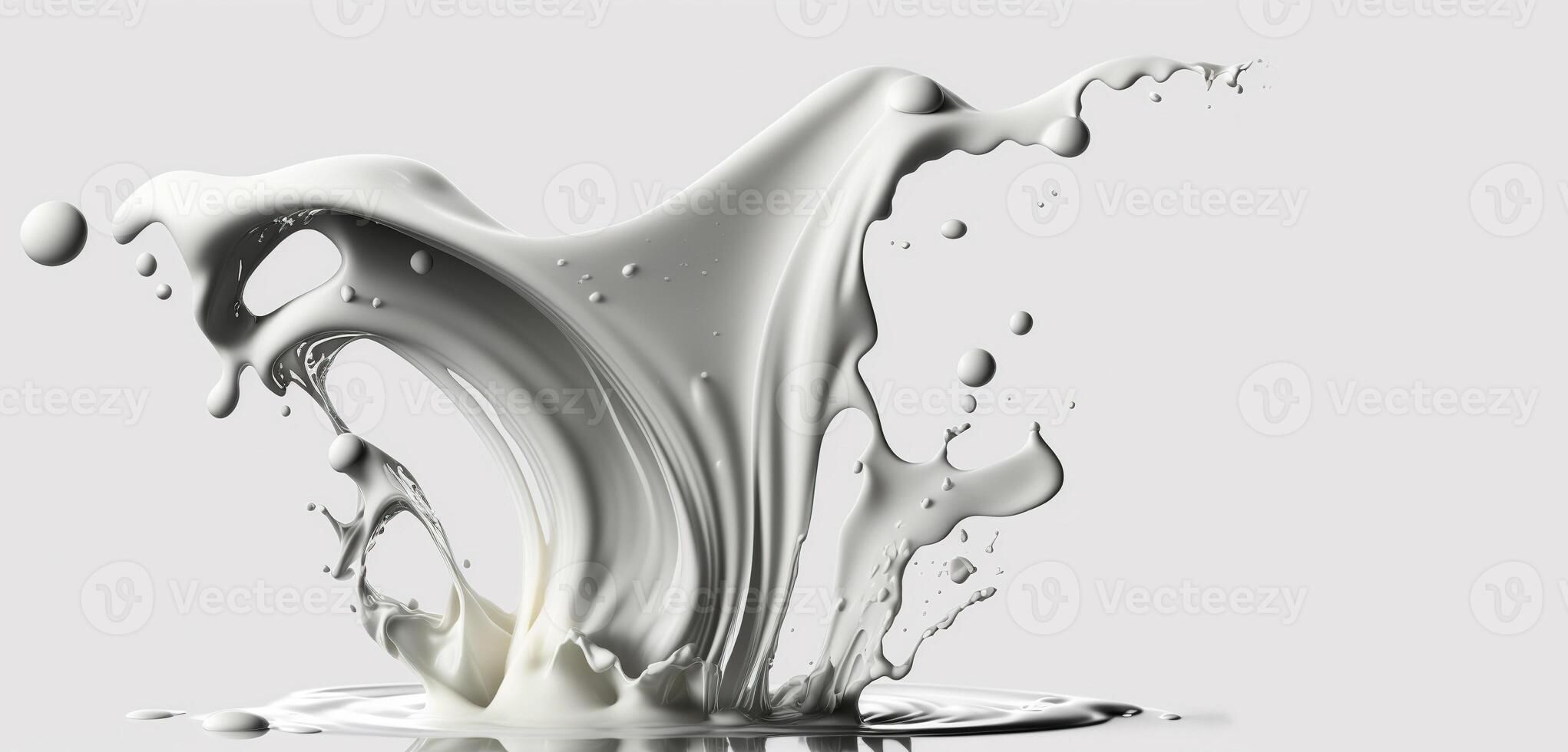 , Flowing liquid with splashes in white color. Glossy cream milk fluid banner, 3D effect, modern macro photorealistic abstract background illustration. photo