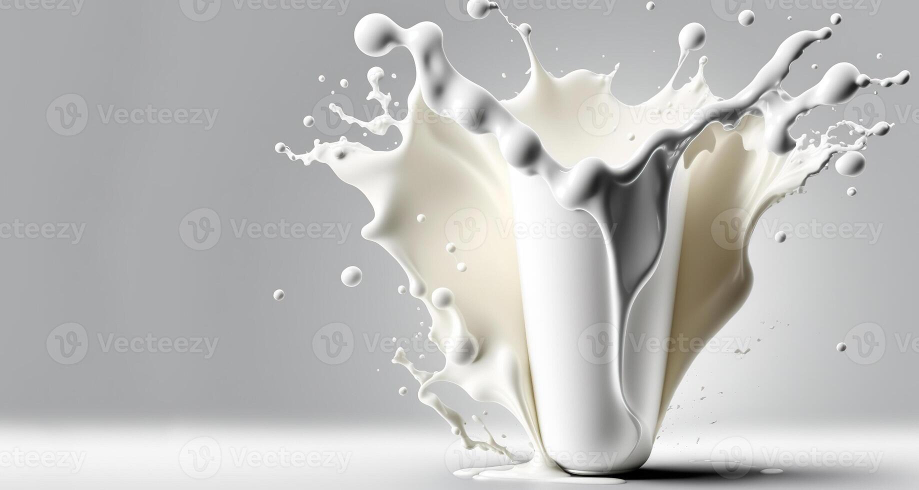 , Flowing liquid with splashes in white color. Glossy cream milk fluid banner, 3D effect, modern macro photorealistic abstract background illustration. photo