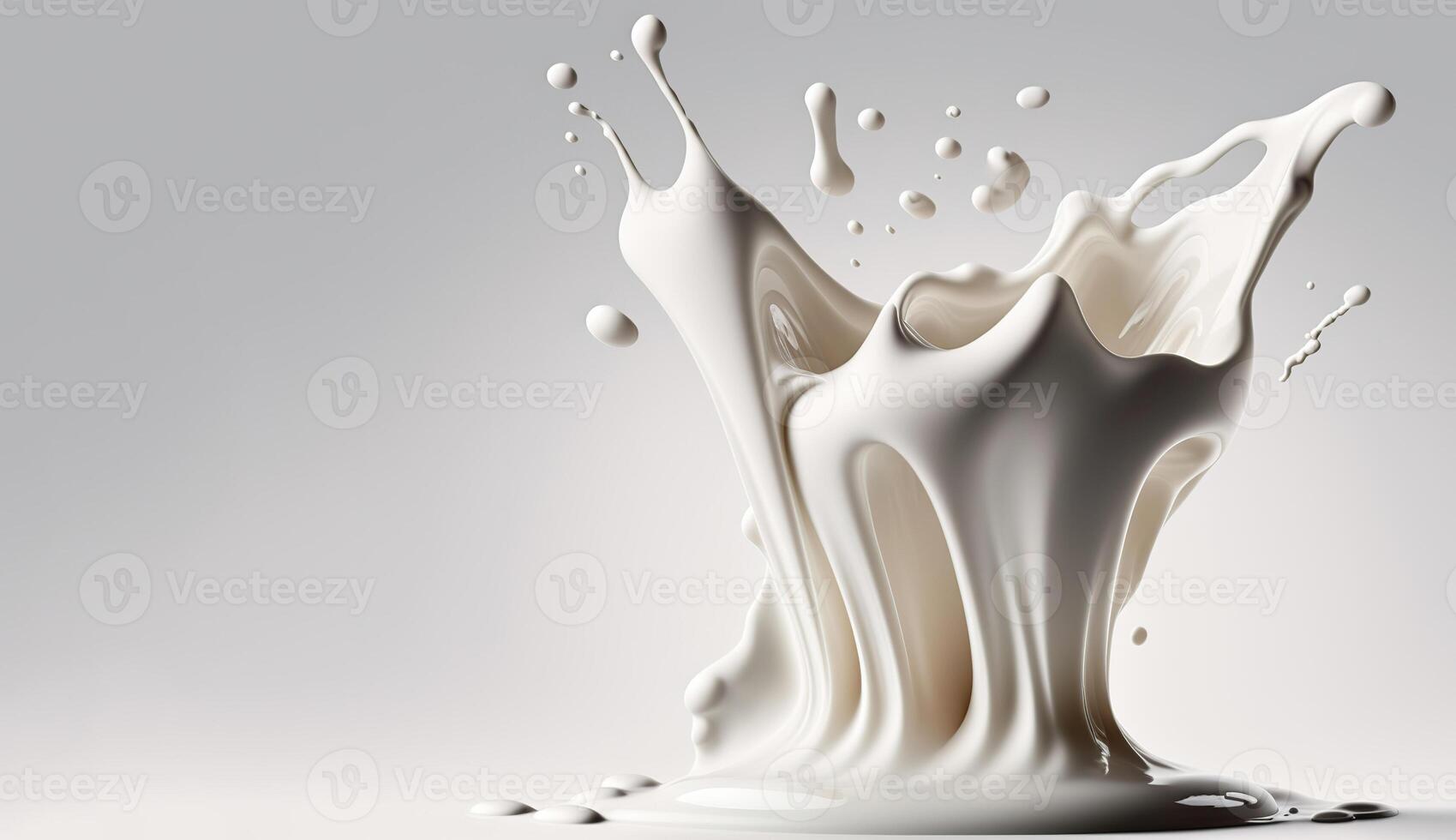 , Flowing liquid with splashes in white color. Glossy cream milk fluid banner, 3D effect, modern macro photorealistic abstract background illustration. photo