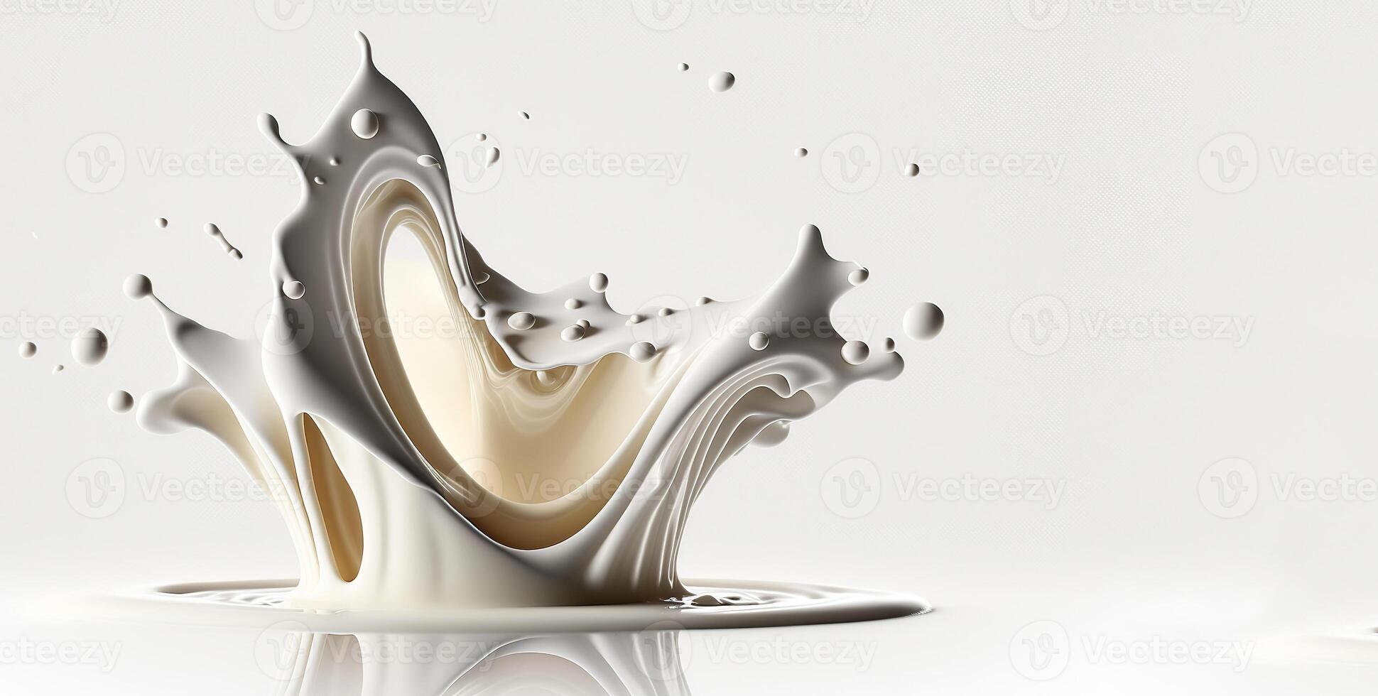 , Flowing liquid with splashes in white color. Glossy cream milk fluid banner, 3D effect, modern macro photorealistic abstract background illustration. photo