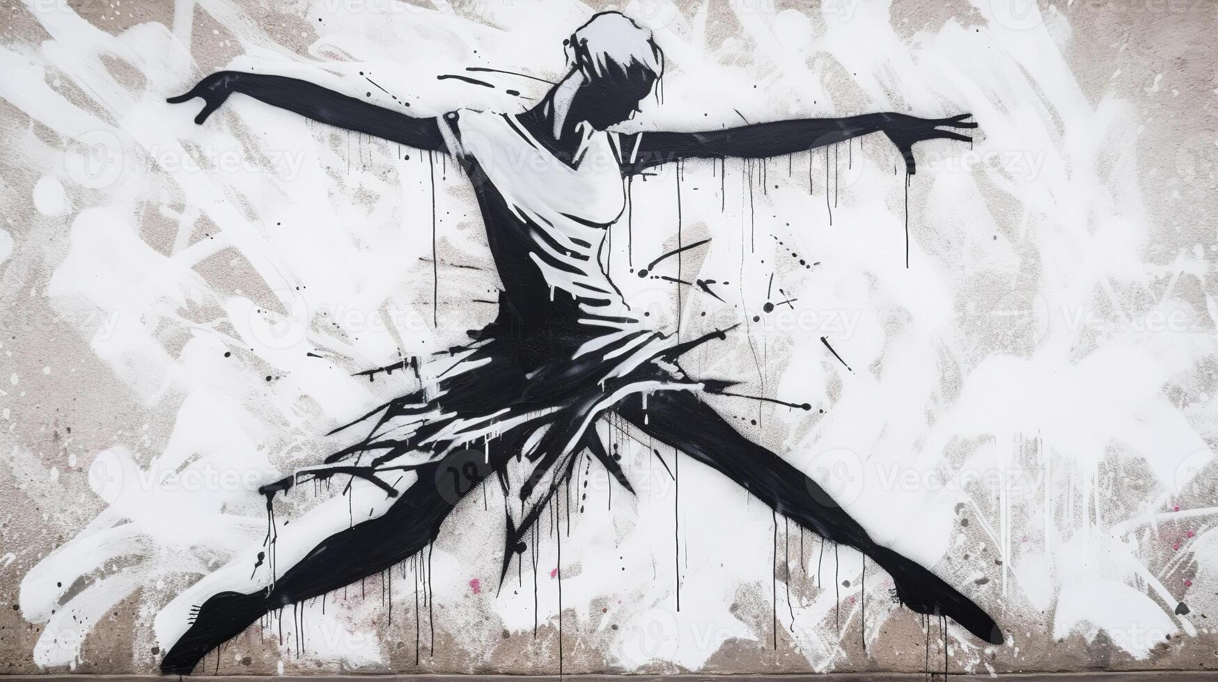 , Dancing woman or girl, dynamic motion. Ink paint colorful splashes street graffiti art on a textured paper vintage background, inspired by Banksy. photo