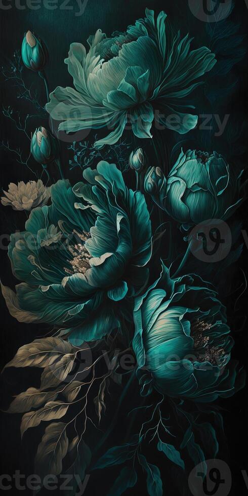 , Close up of blooming flowerbeds of amazing teal flowers on dark moody floral textured background. Vertical format. photo