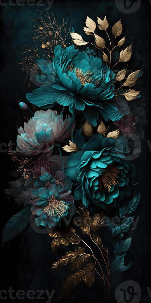 , Close up of blooming flowerbeds of amazing teal flowers on dark moody floral textured background. Vertical format. photo