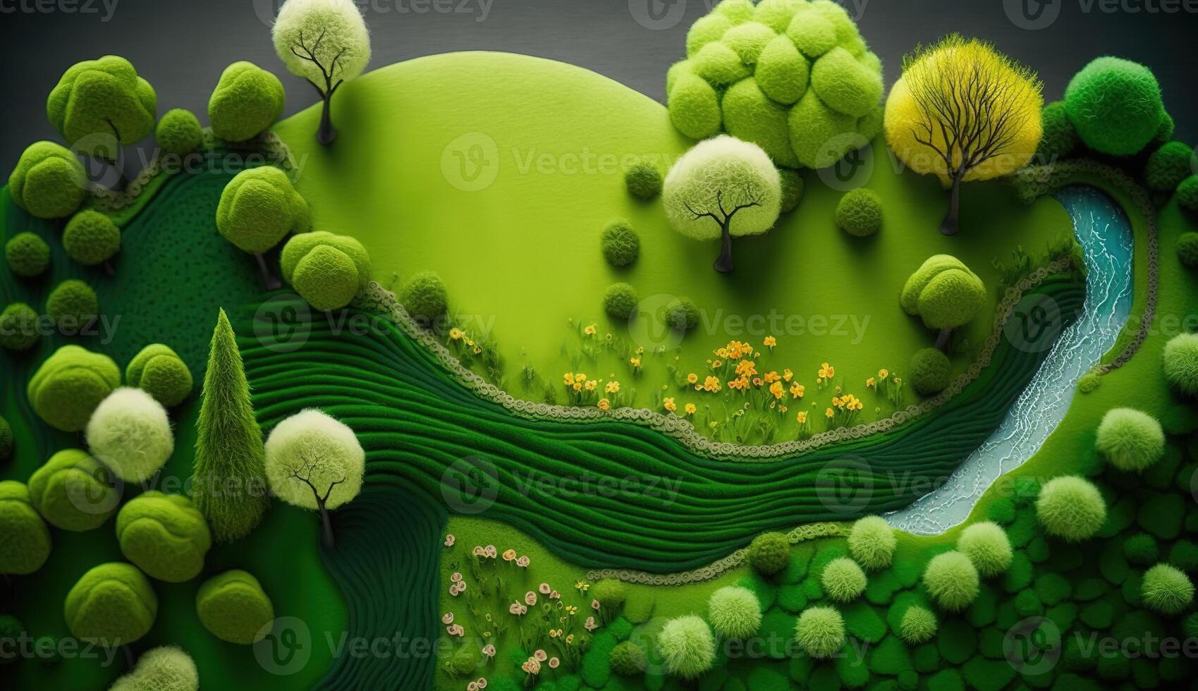 , cute farm landscape made of crochet with trees, river, green grass. Dreamy agricultural scene made of wool materials, fabric, yarn, sewing for background photo