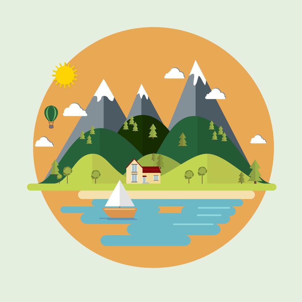 Summer landscape. The isolated nature landscape with mountains, hills, river and trees.  Flat style vector illustration. Ecological concepts. Environmentally friendly world. Background.