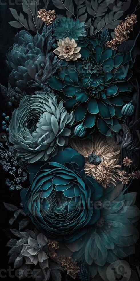, Close up of blooming flowerbeds of amazing teal flowers on dark moody floral textured background. Vertical format. photo