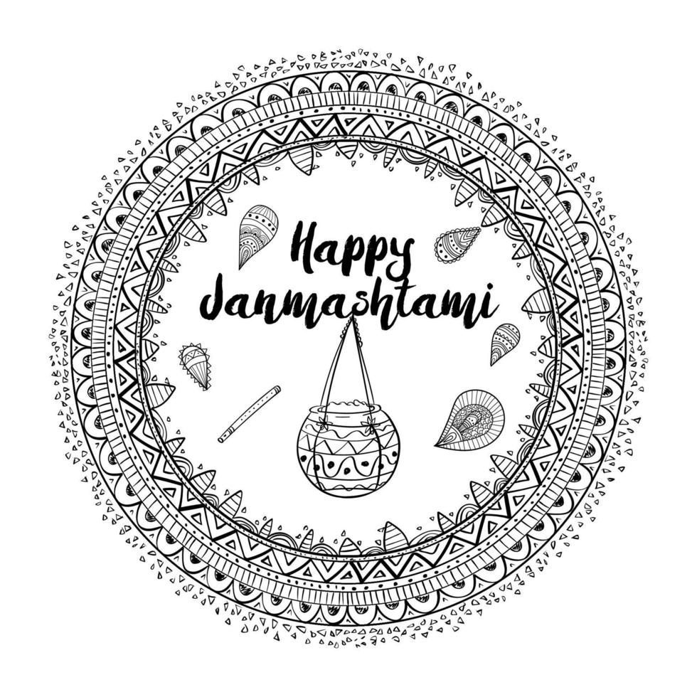 illustration of Lord Krishna with sketch pattern in Happy Janmashtami Indian festival,  background vector