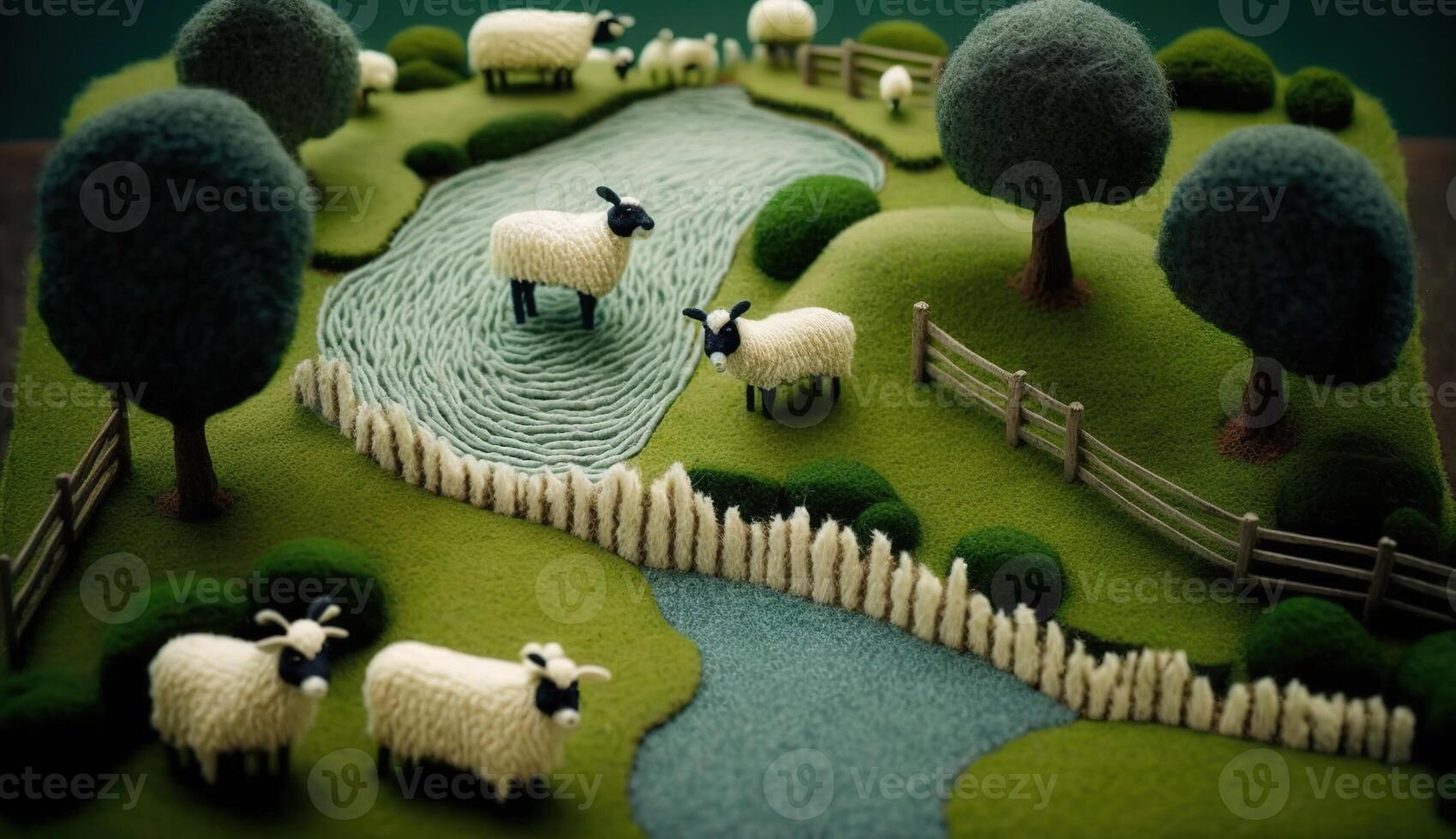 , cute farm landscape made of crochet with trees, river, green grass, farm animals. Dreamy agricultural scene made of wool materials, fabric, yarn, sewing for background photo