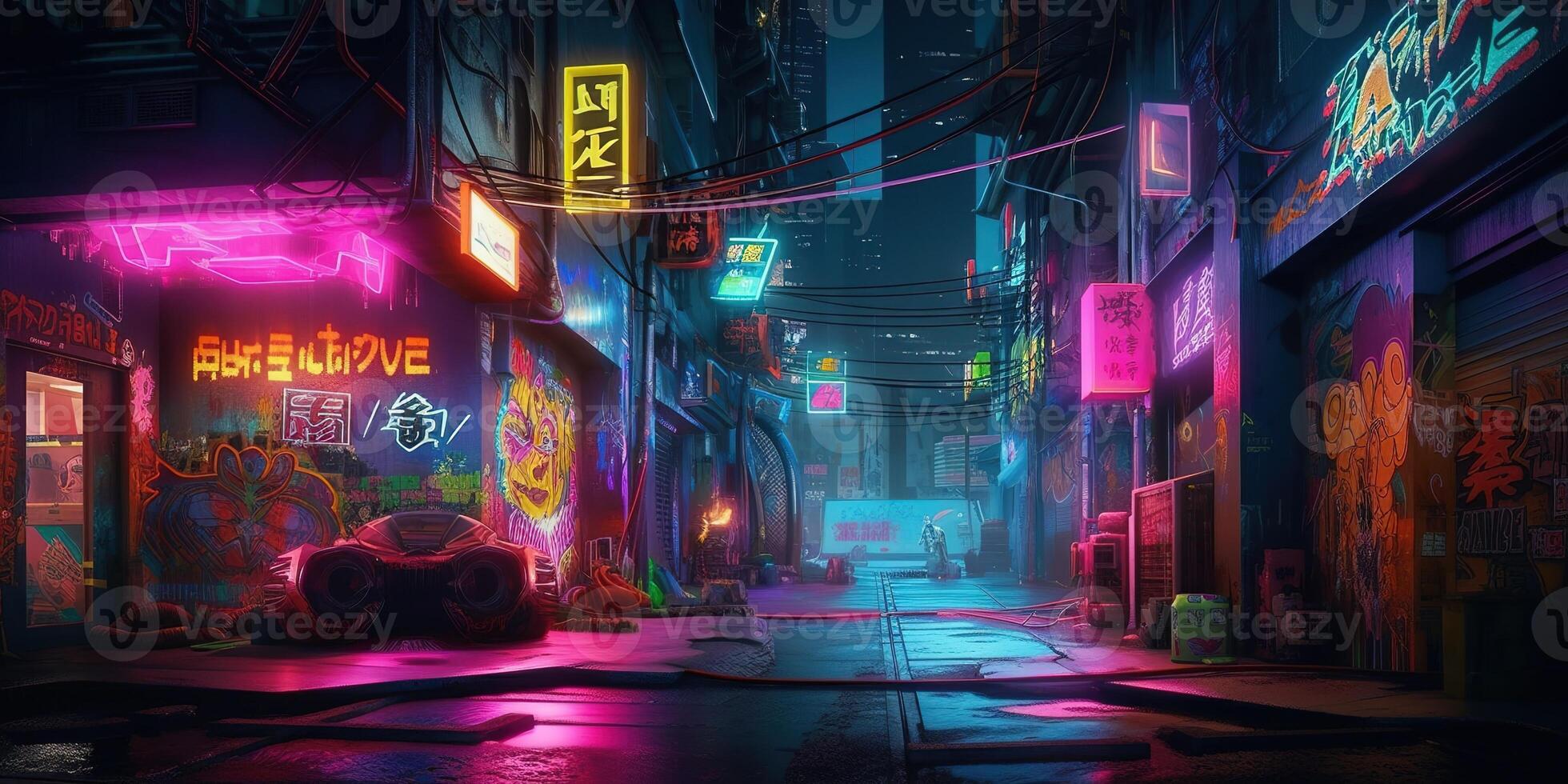 , Night scene of after rain city in cyberpunk style, futuristic nostalgic 80s, 90s. Neon lights vibrant colors, photorealistic horizontal illustration. photo