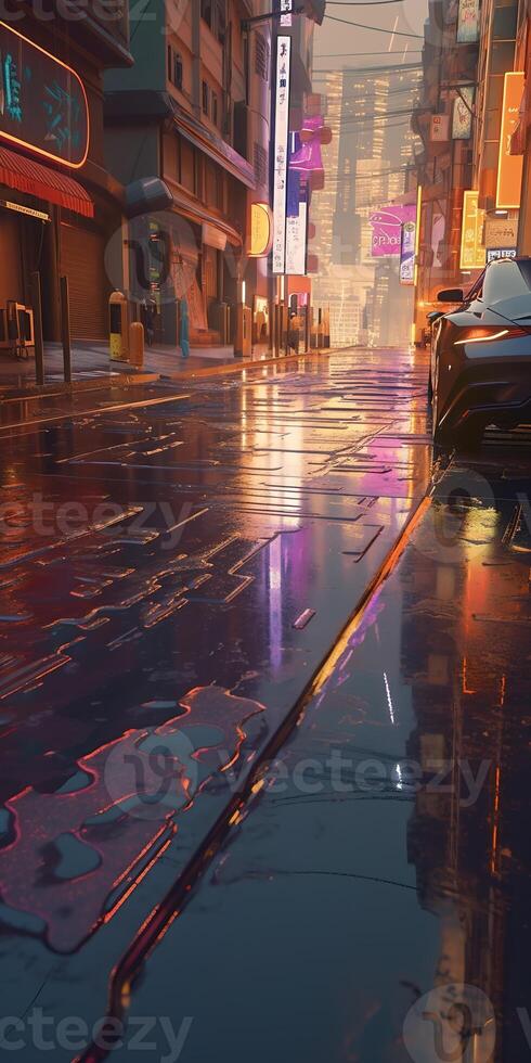 , Night scene of after rain city in cyberpunk style, futuristic nostalgic 80s, 90s. Neon lights vibrant colors, photorealistic vertical illustration. photo