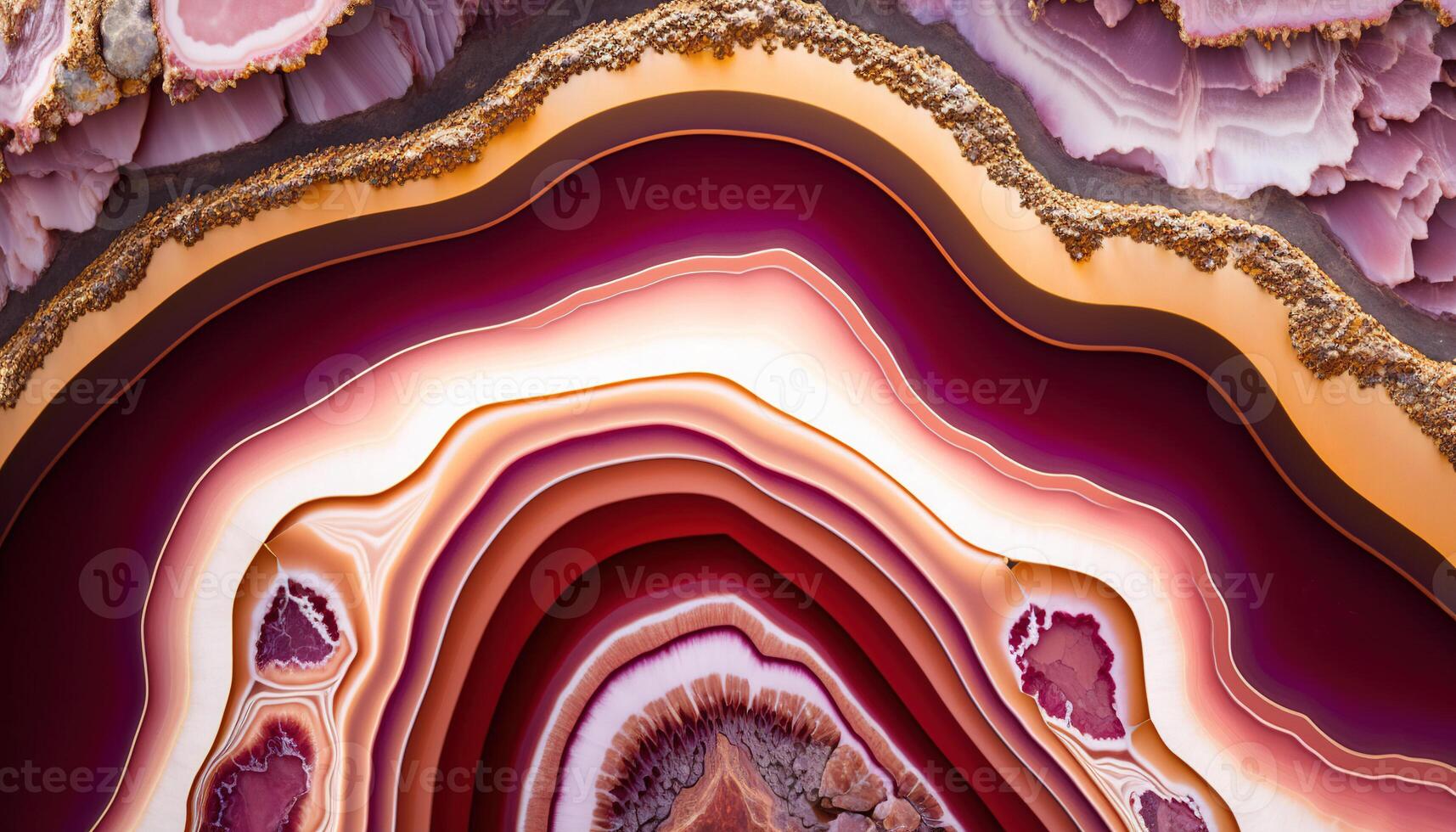 , natural volcanic agate stones close-up pink magenta and golden texture. Wallpaper background, quartz marble, decorative rock pattern photo