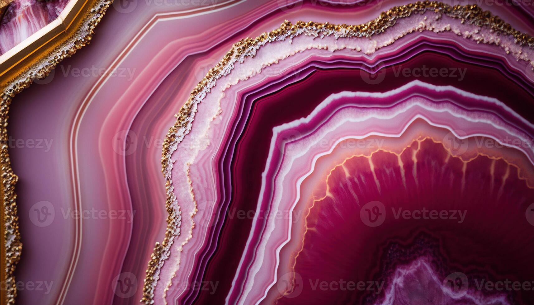 , natural volcanic agate stones close-up pink magenta and golden texture. Wallpaper background, quartz marble, decorative rock pattern photo