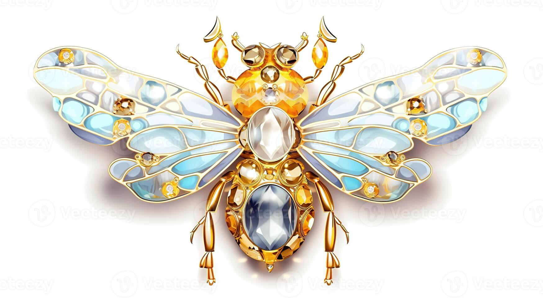 , beautiful honey bee brooch, opal stone and golden color palette isolated on white background. Bijouterie, jewelry close up photo