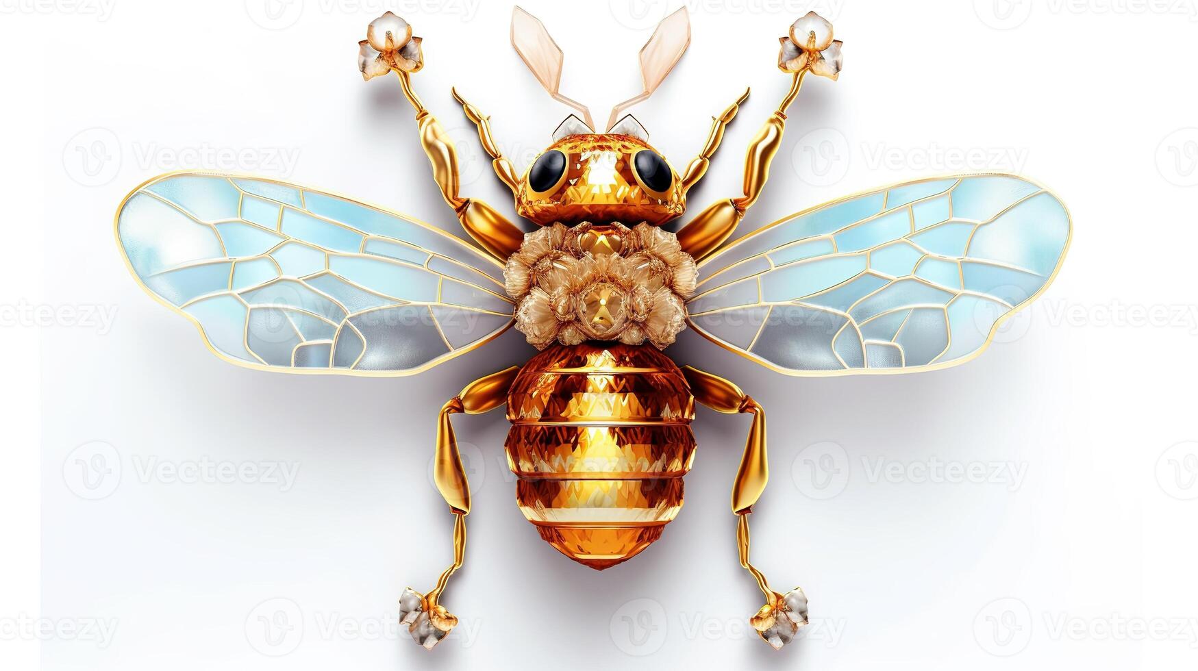 , beautiful honey bee brooch, opal stone and golden color palette isolated on white background. Bijouterie, jewelry close up photo