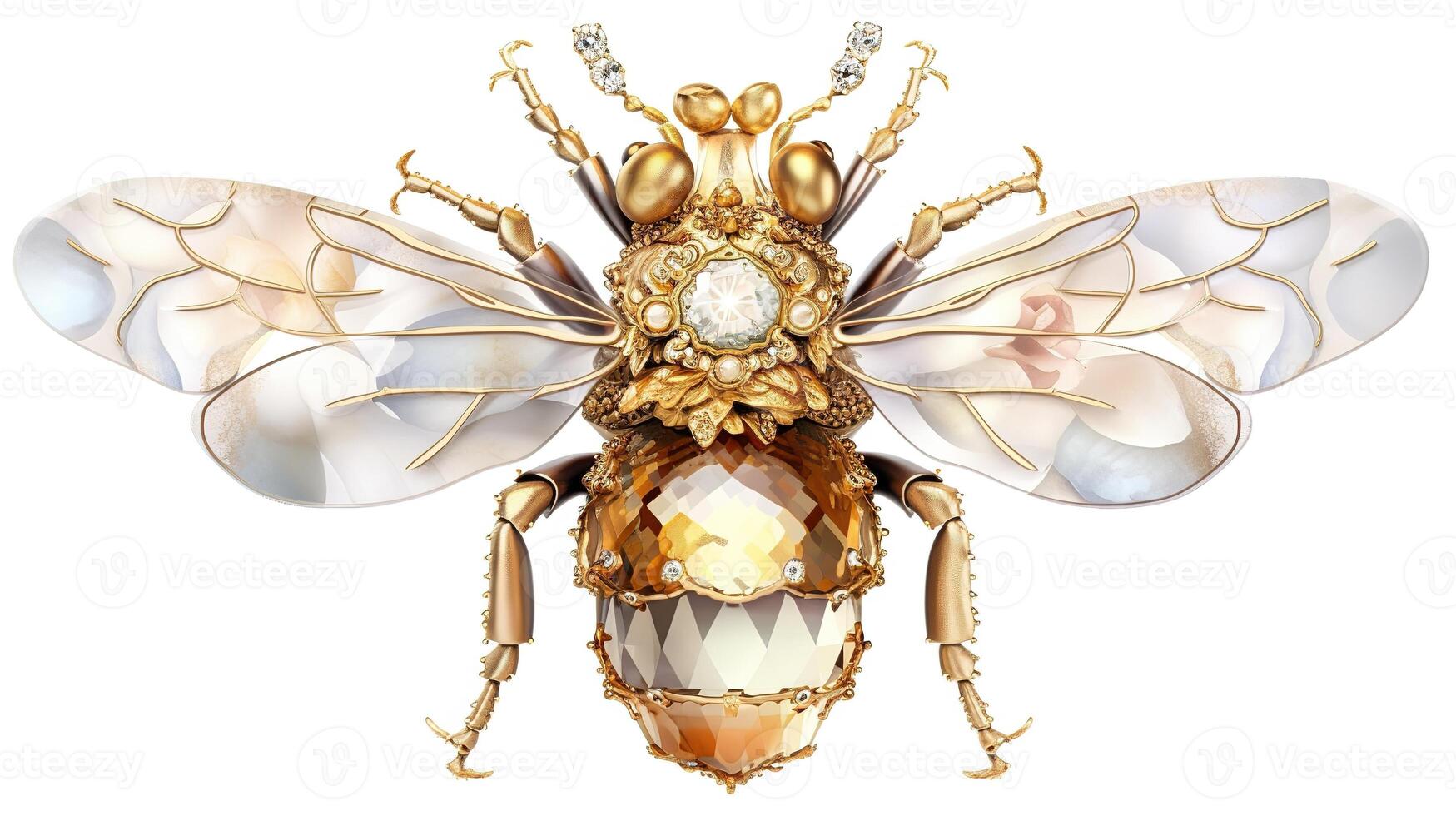 , beautiful honey bee brooch, opal stone and golden color palette isolated on white background. Bijouterie, jewelry close up photo