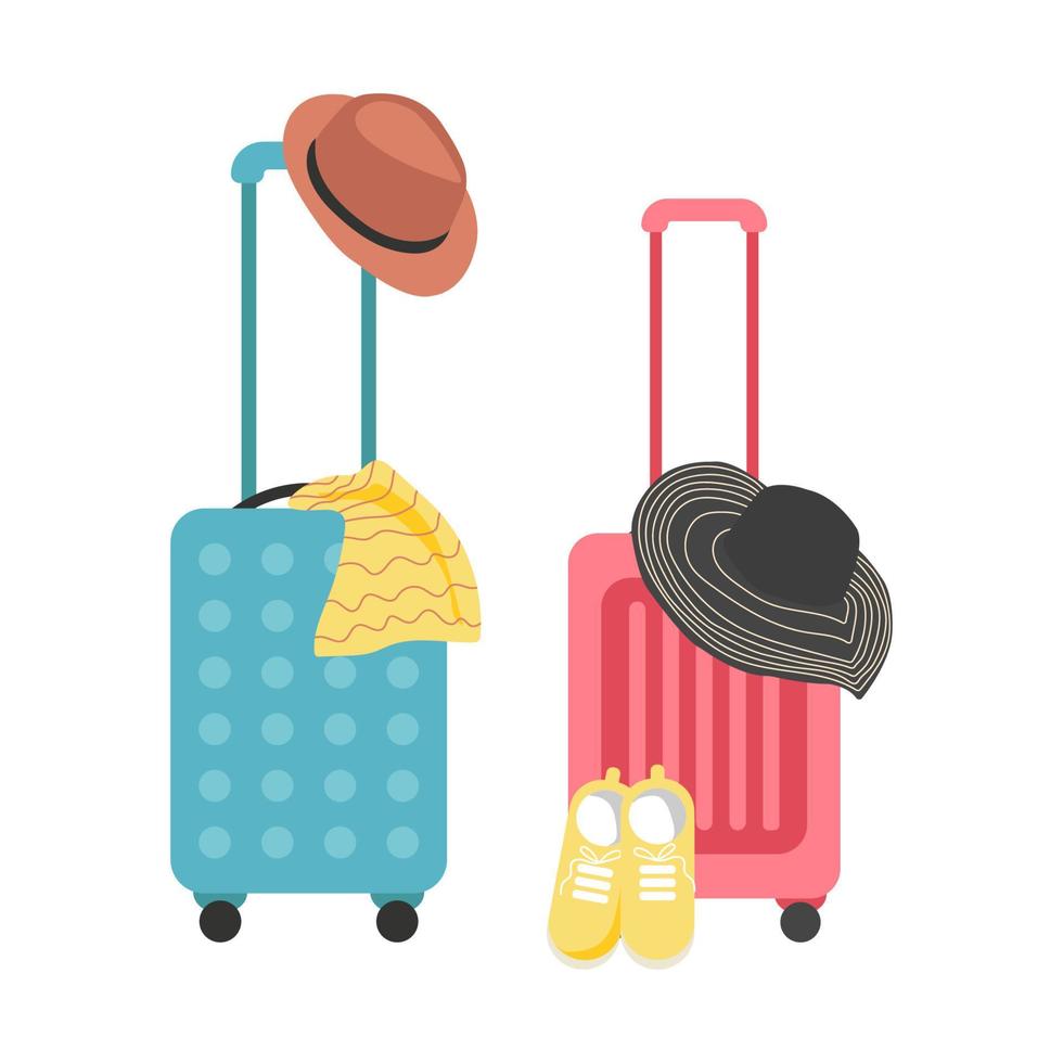 Male and female road set, Suitcases, hats and accessories. Concept of travel. Vector illustration.