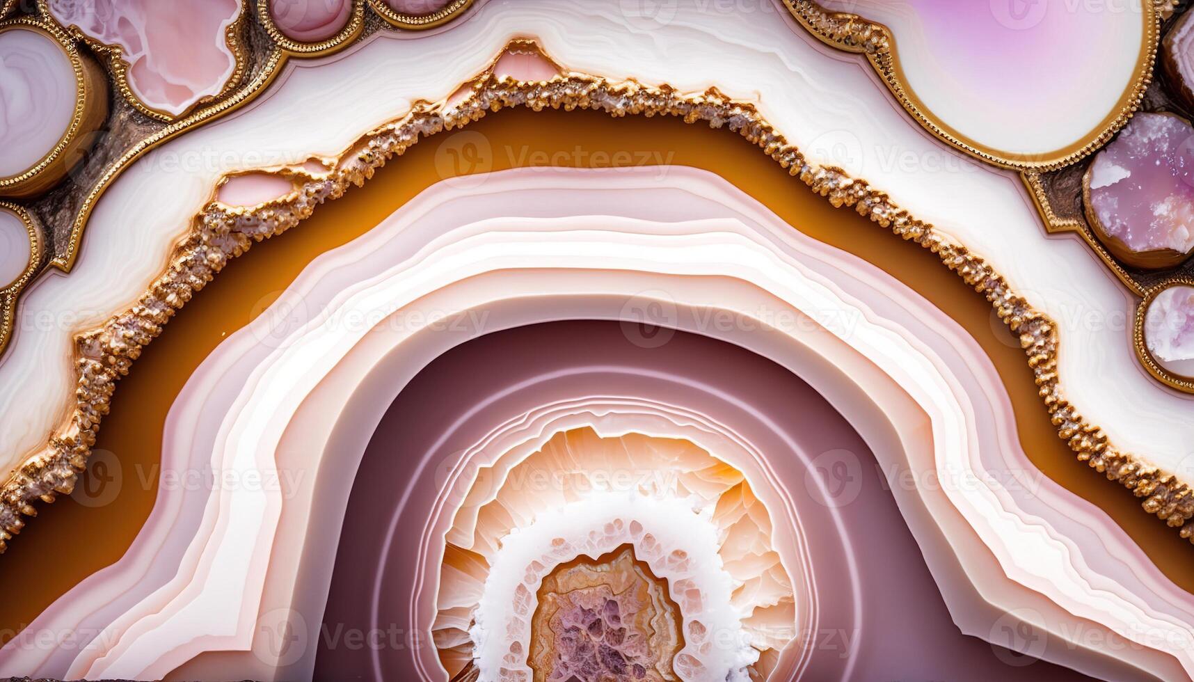 , natural volcanic agate stones close-up light pink magenta and golden texture. Wallpaper background, quartz marble, decorative rock pattern photo