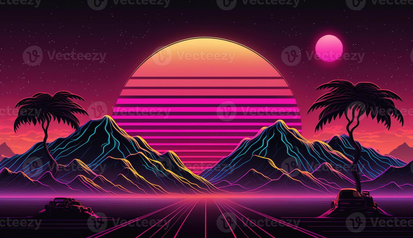 , Retro style, nostalgic 80s, 90s. Night landscape, sunset colors, scifi, retrowave vintage illustration. Sun, mountains, road and trees. Digital Retro Cyber Surface. photo