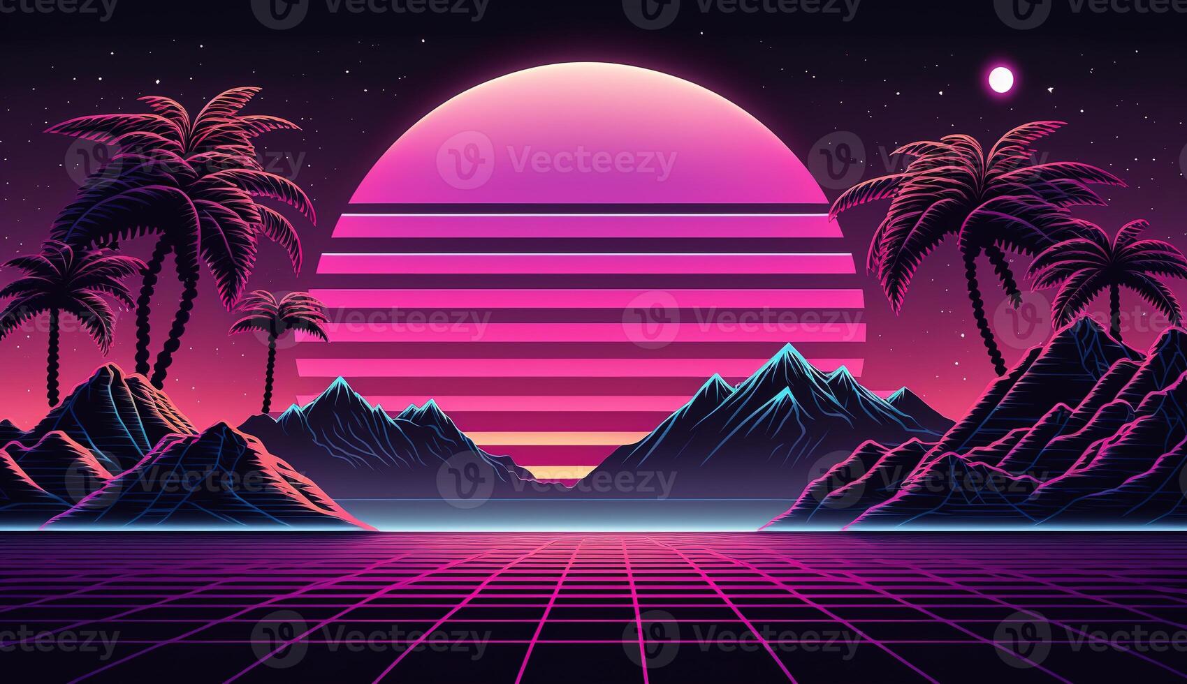 generativo ai, retro estilo, nostálgico años 80, años 90 noche paisaje, puesta de sol colores, ciencia ficción, retrowave Clásico ilustración. sol, montañas, la carretera y arboles digital retro ciber superficie. foto