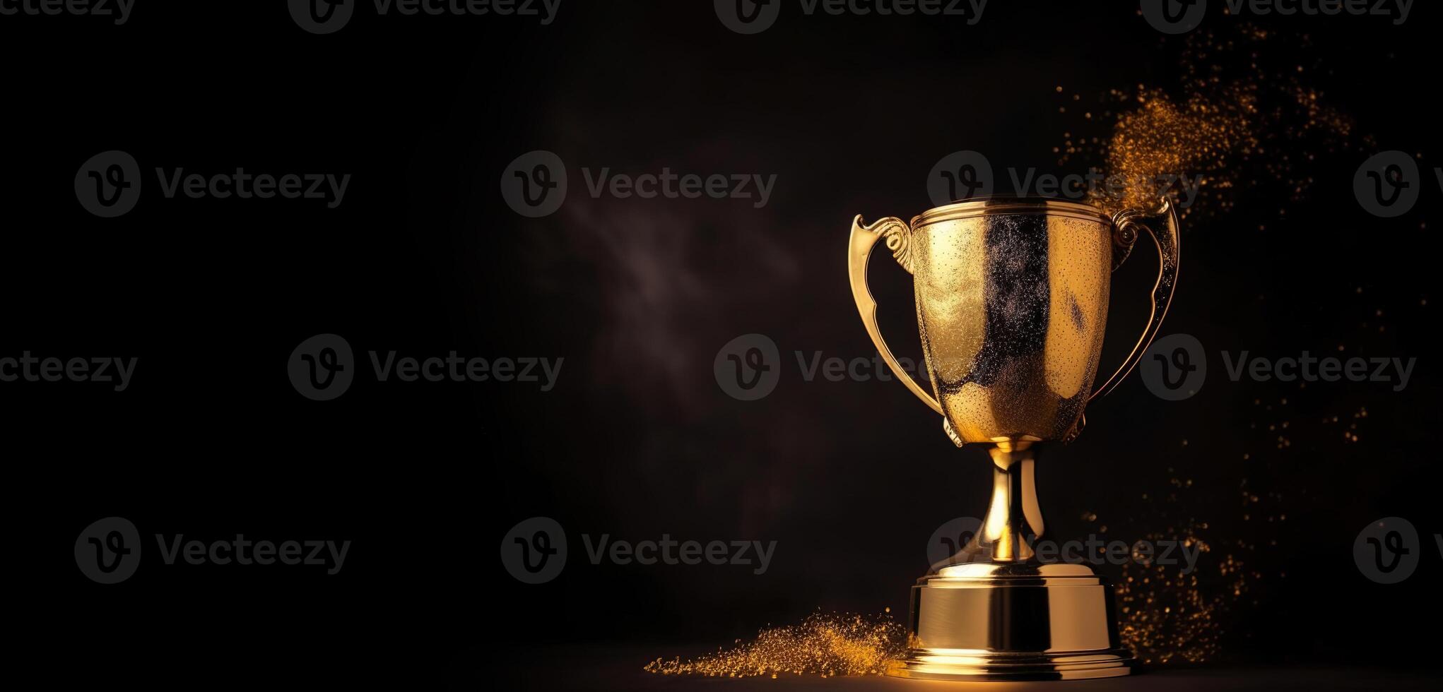 , Winner trophy with flames, golden champion cup with falling confetti on dark background photo