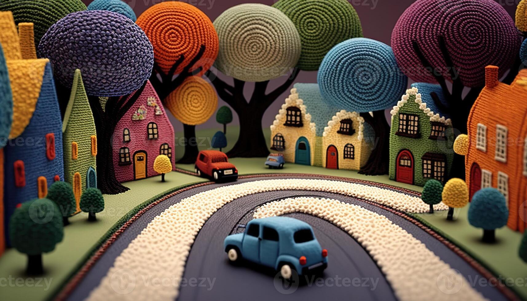 , cute street made of crochet, houses, trees, road, cars. Soft colors, dreamy scene cityscape made of crochet materials, wool, fabric, yarn, sewing for background photo