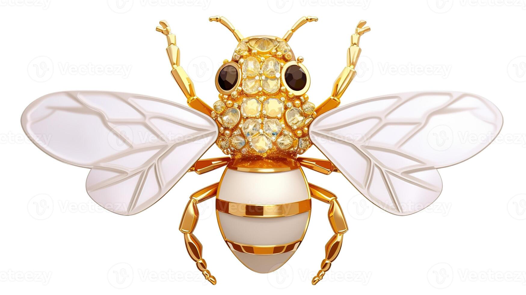 , beautiful honey bee brooch, opal stone and golden color palette isolated on white background. Bijouterie, jewelry close up photo