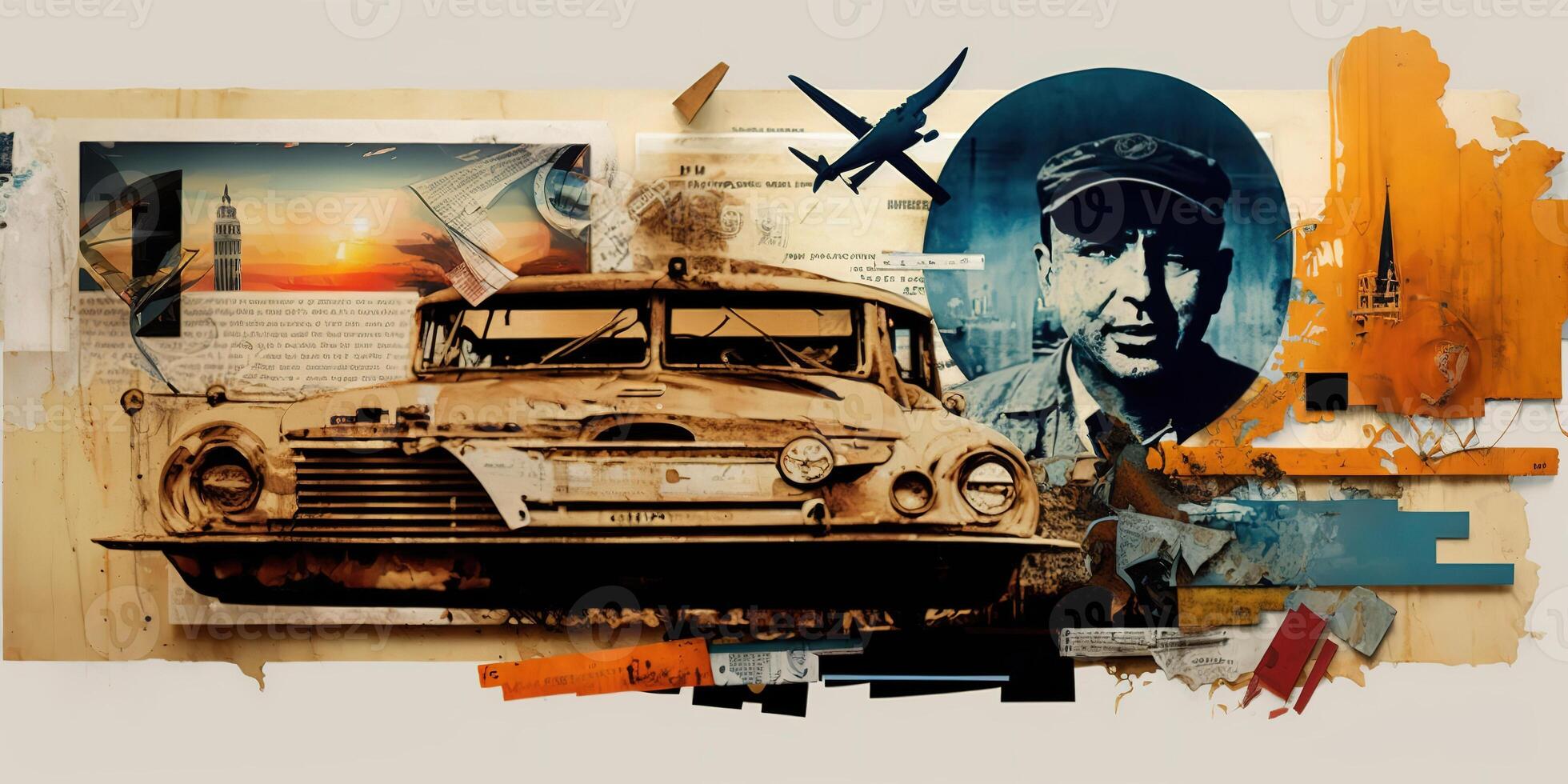 , board mixed media collage on a textured paper vintage background, inspired by Robert Rauschenberg. Modern cultural mish-mash photo