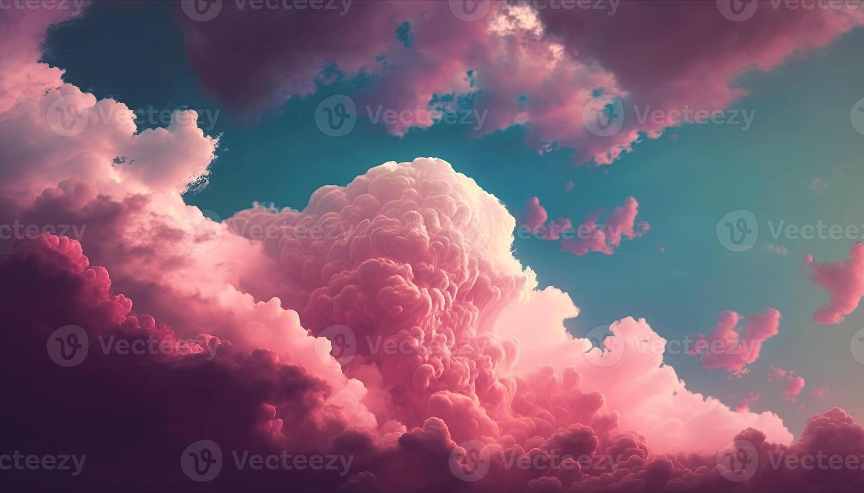 , Pink magenta fantastic clouds, sky and landscape. Gentle colors and with bright lights photo