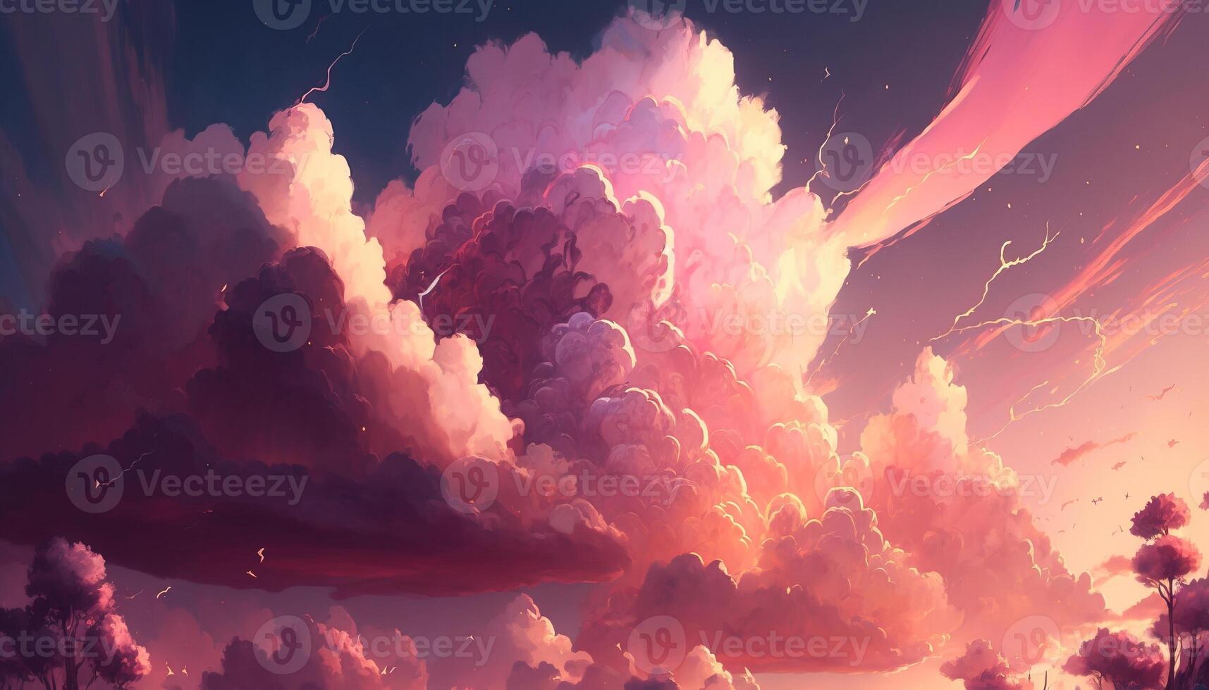 , Pink magenta fantastic clouds, sky and landscape. Gentle colors and with bright lights photo