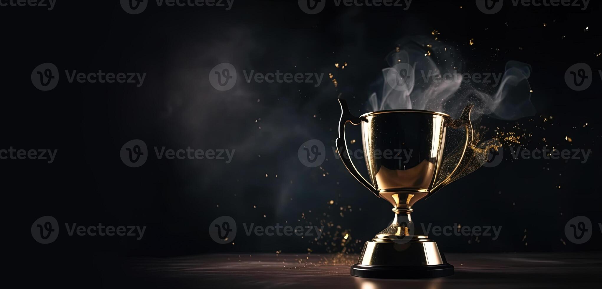 , Winner trophy with flames, golden champion cup with falling confetti on dark background photo